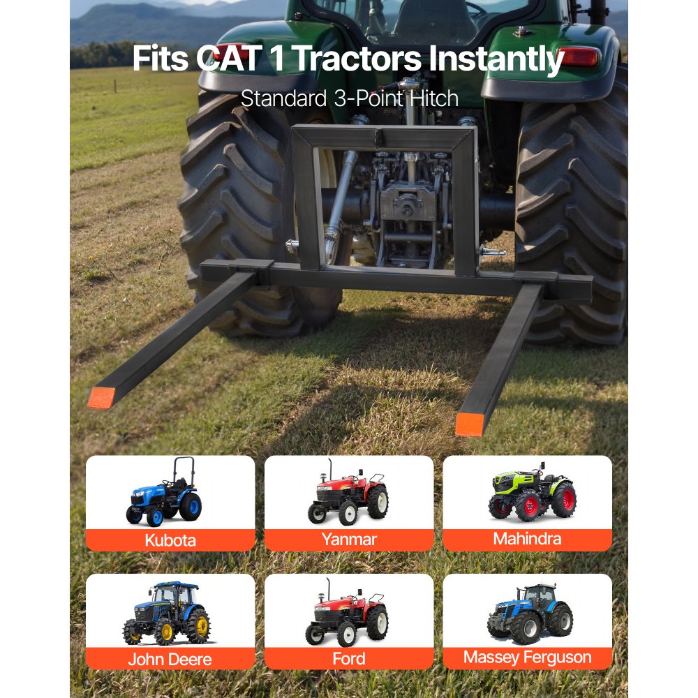 VEVOR 3 Point Hitch Pallet Forks, 680 kg Clamp on Pallet Forks, 128 cm Total Length Heavy-Duty Tractor Fork with 73.5-117 cm Adjustable Fork Width, Quick Hitch Attachments for Category 1 Tractors