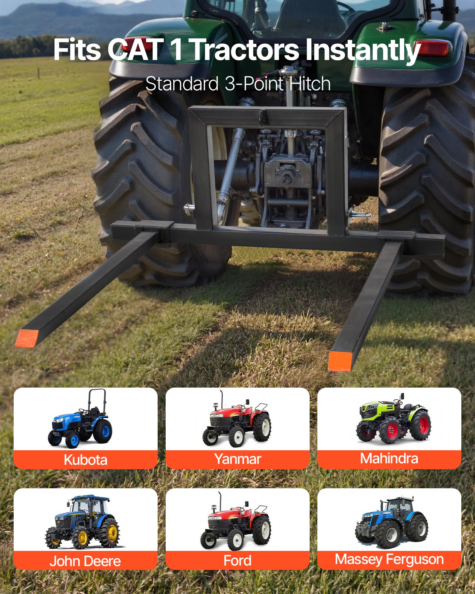 VEVOR 3 Point Hitch Pallet Forks, 680 kg Clamp on Pallet Forks, 128 cm Total Length Heavy-Duty Tractor Fork with 73.5-117 cm Adjustable Fork Width, Quick Hitch Attachments for Category 1 Tractors