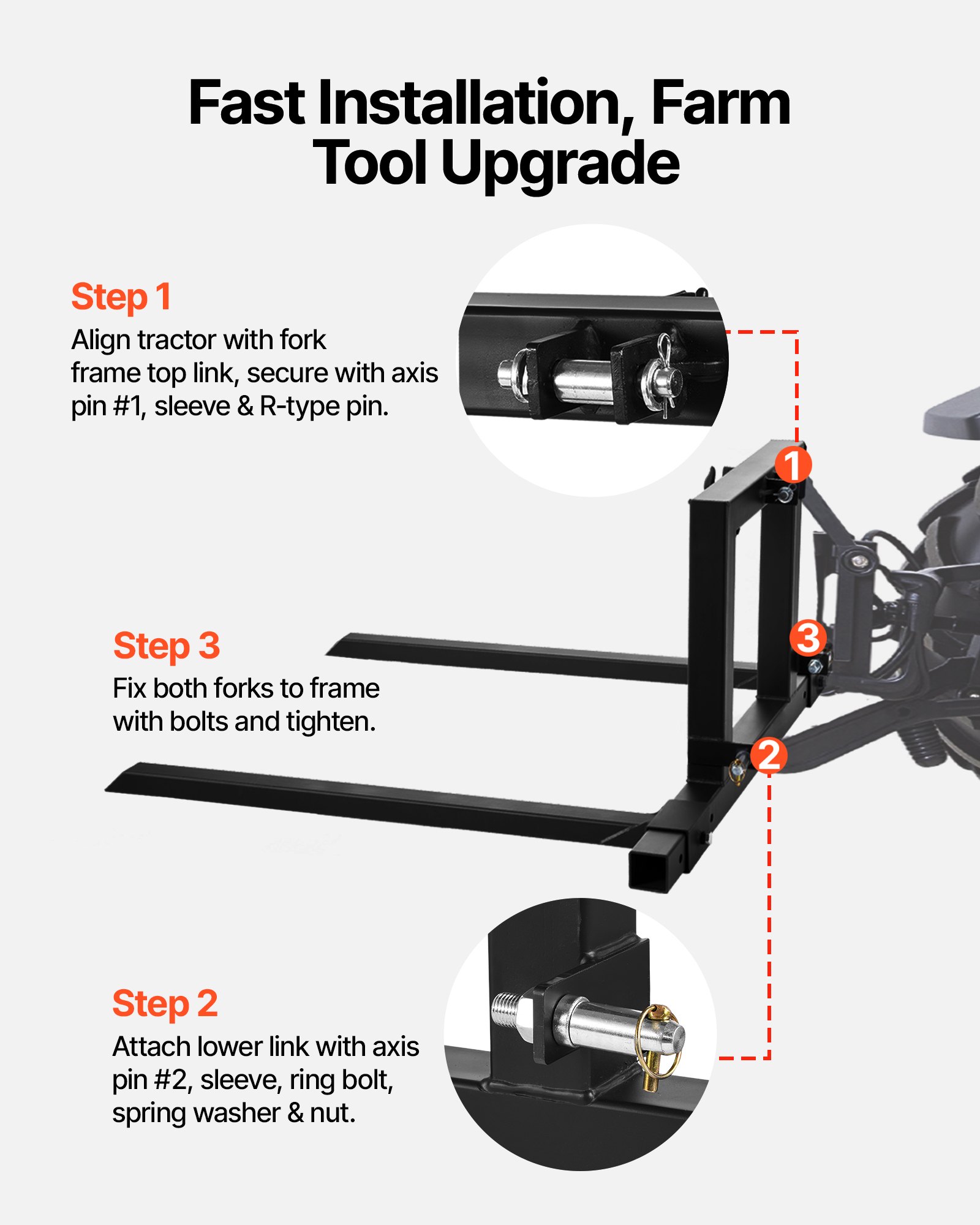 VEVOR 3 Point Hitch Pallet Forks, 680 kg Clamp on Pallet Forks, 128 cm Total Length Heavy-Duty Tractor Fork with 73.5-117 cm Adjustable Fork Width, Quick Hitch Attachments for Category 1 Tractors
