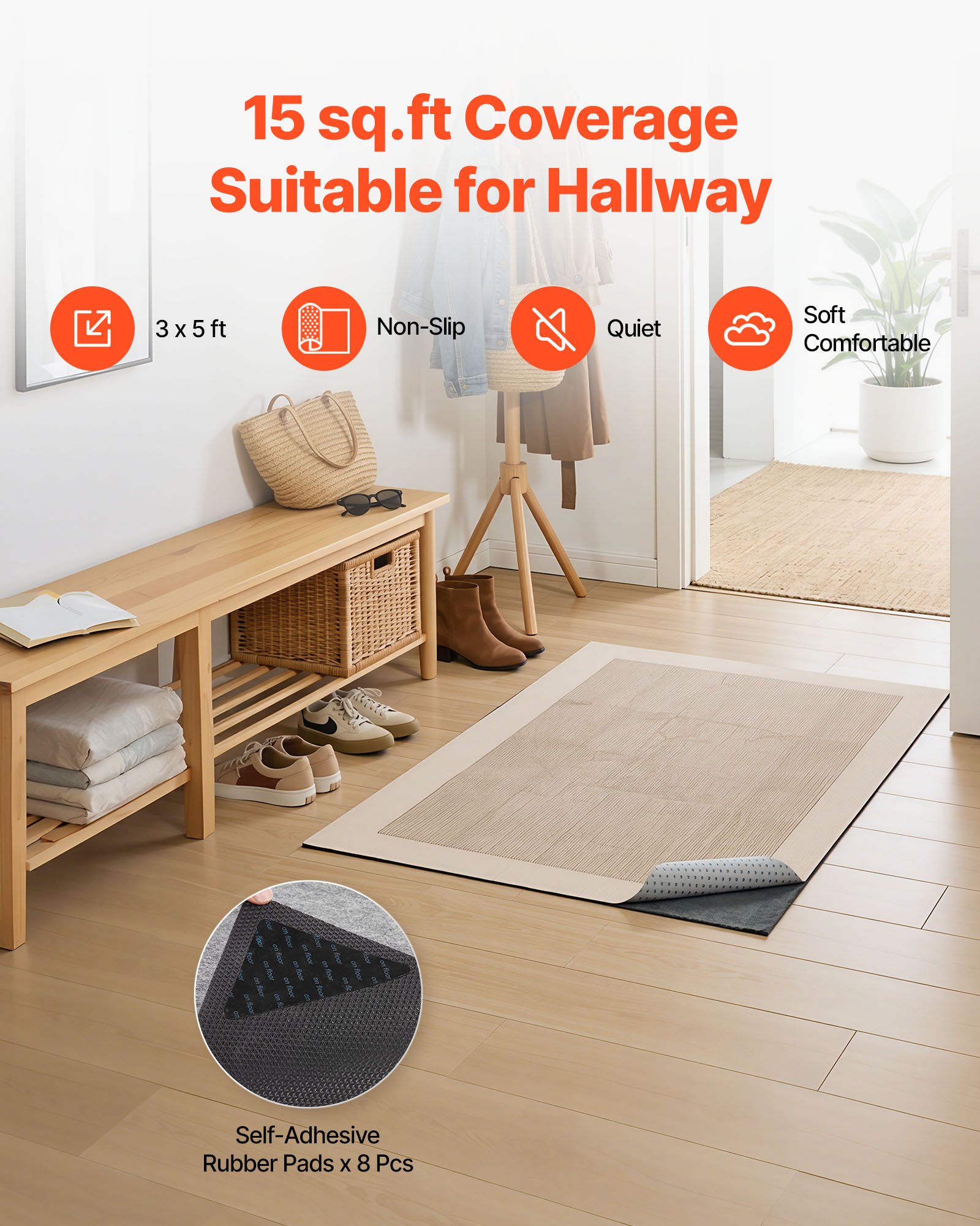 VEVOR Rug Pad 3 x 5 ft, Non-slip Carpet Area Pad, Rug Mat Padding with Dual Surface Felt Cushion & Rubber Gripper, Hardwood Floor Protection for All Floors, Finishes, Keeps Carpets in Place