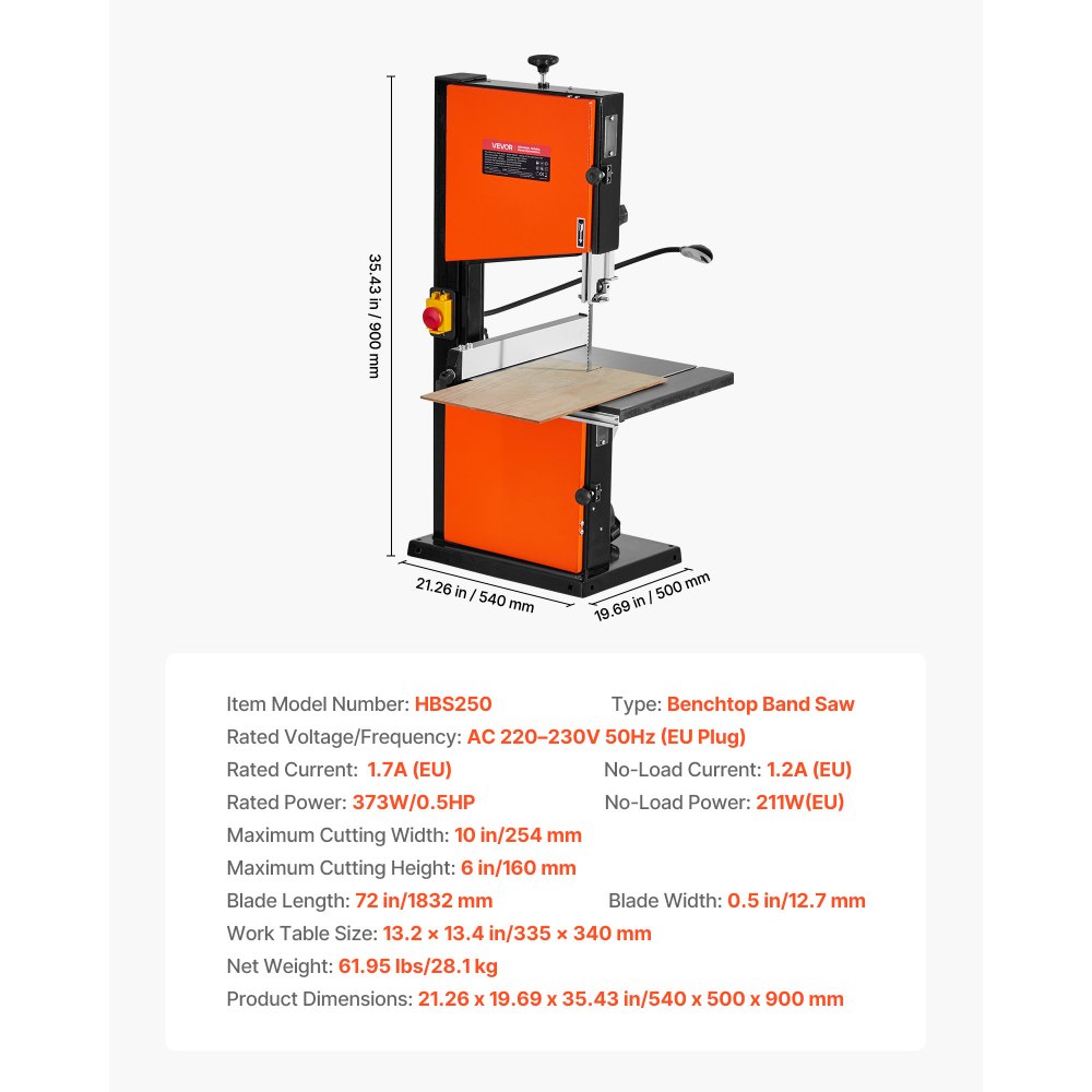 VEVOR Band Saw, 10-Inch, Two-Speed Benchtop Bandsaw with 373W 1/2 HP Motor, 6 in Max Cutting Height, 13.2 x 13.4 in Cast Iron Table, with 360° Work Light, Miter Gauge, Fence, Band Saw for Woodworking