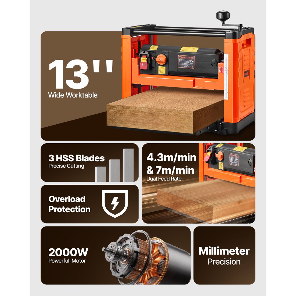 VEVOR Diktebank, 2 snelheden, 330 mm brede werktafel, schaafmachine, drie messen, 2000 W, 23500 tpm, krachtige motor, dubbele rollen, rolbeugel, houtbewerking voor hard- en zachthout