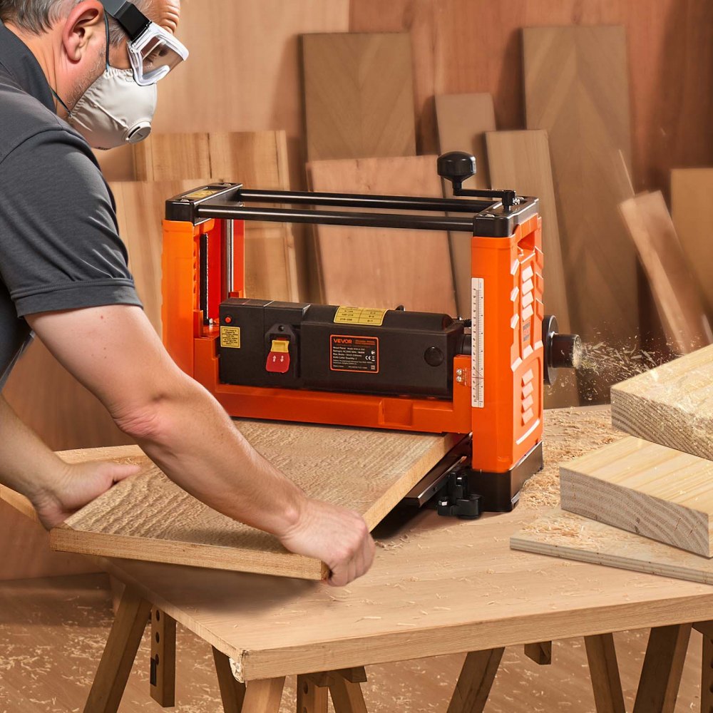 VEVOR Thickness Planer, Two-Blade, 330 mm Width Worktable Power Benchtop Planer, 1800W 23500 RPM Powerful Motor, Dual Rollers, Over Protection, Single Speed Woodworking, for Hard & Soft Wood Material