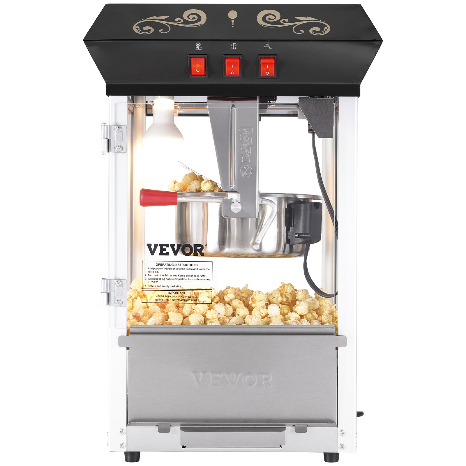 VEVOR Popcornmachine Popcornmaker, 850 W Popcornmachine 8 oz Waterkoker voor 48 kopjes per lading, Popcornmachine voor op het aanrecht met gehard glas, inclusief 4 scheppen