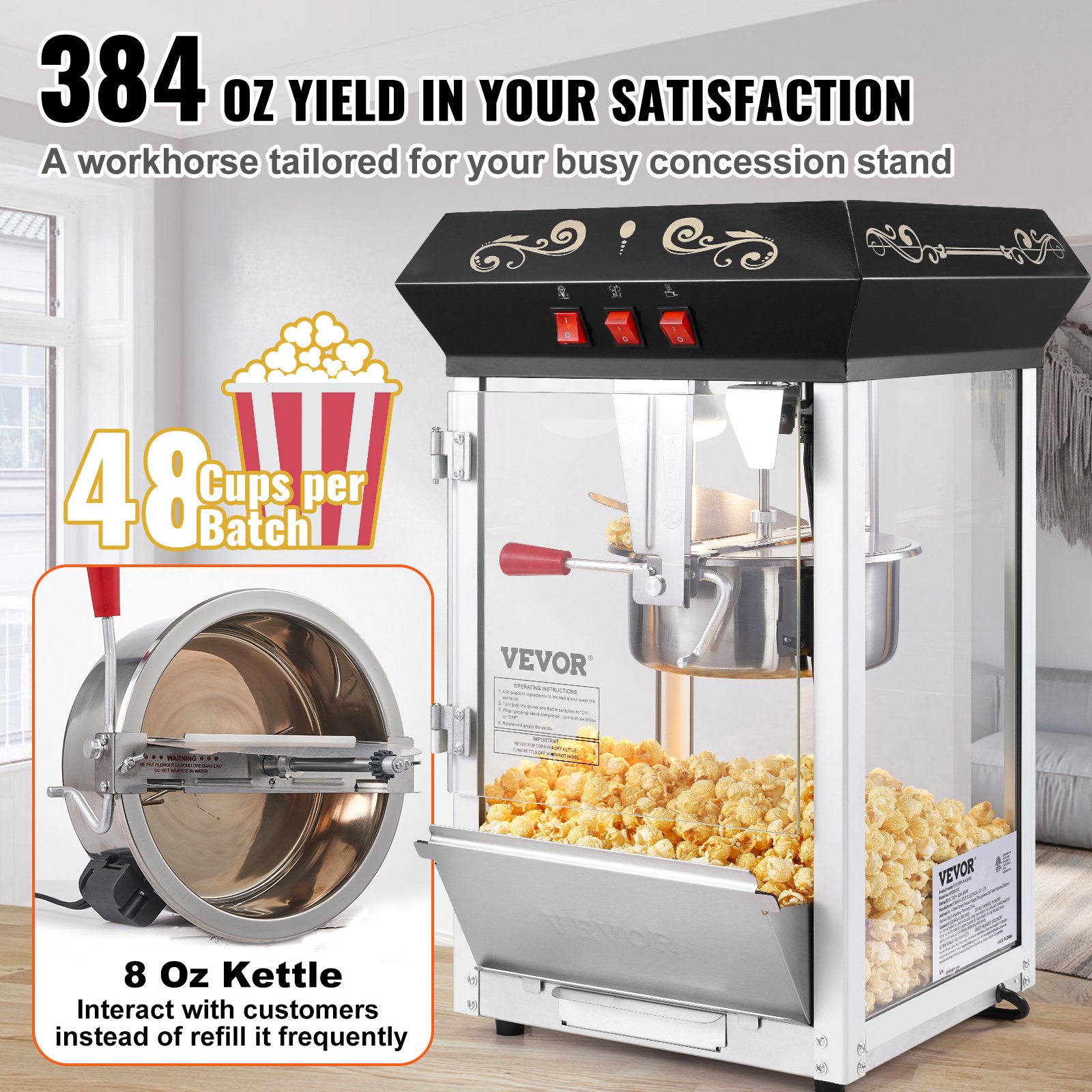 VEVOR popcornmachine, 850W, ketel van 237 ml (8 oz) voor 48 kopjes per keer, popcornmachine voor op het aanrecht met gehard glas, inclusief 4 schepjes.