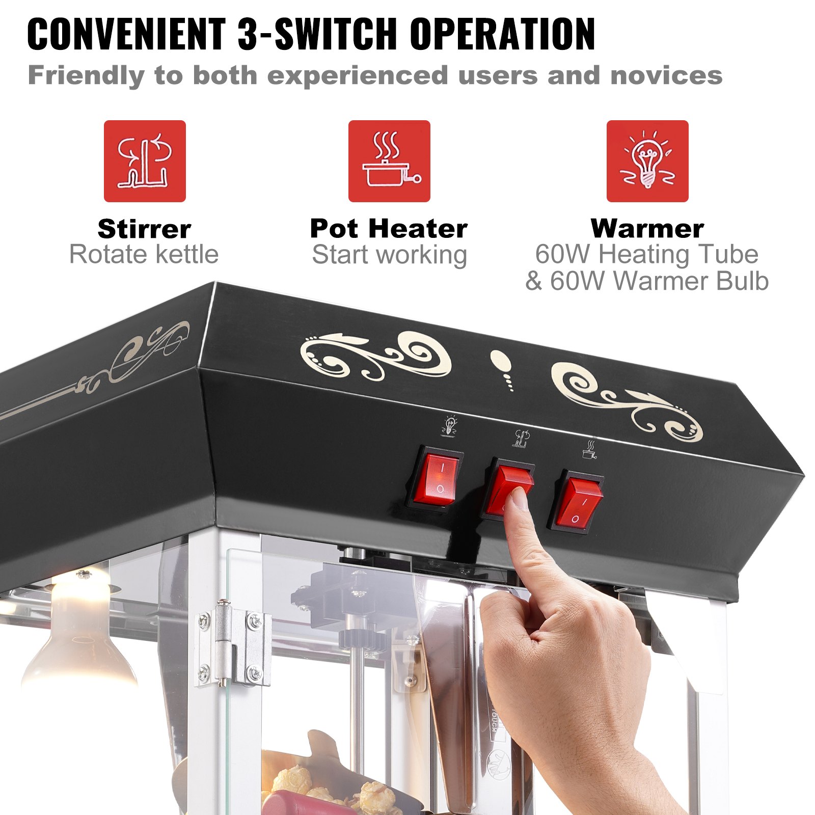VEVOR popcornmachine, 850W, ketel van 237 ml (8 oz) voor 48 kopjes per keer, popcornmachine voor op het aanrecht met gehard glas, inclusief 4 schepjes.