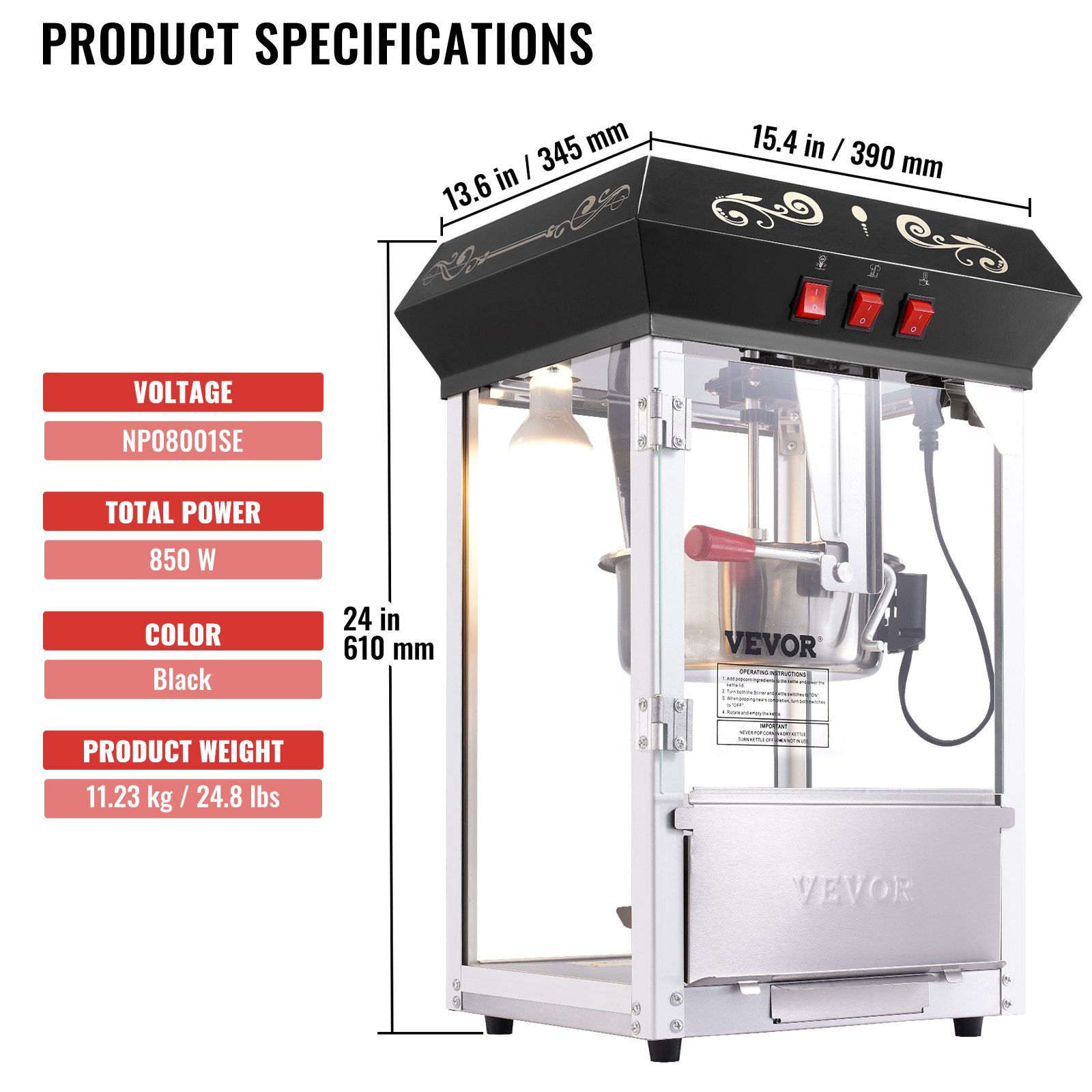 VEVOR popcornmachine, 850W, ketel van 237 ml (8 oz) voor 48 kopjes per keer, popcornmachine voor op het aanrecht met gehard glas, inclusief 4 schepjes.