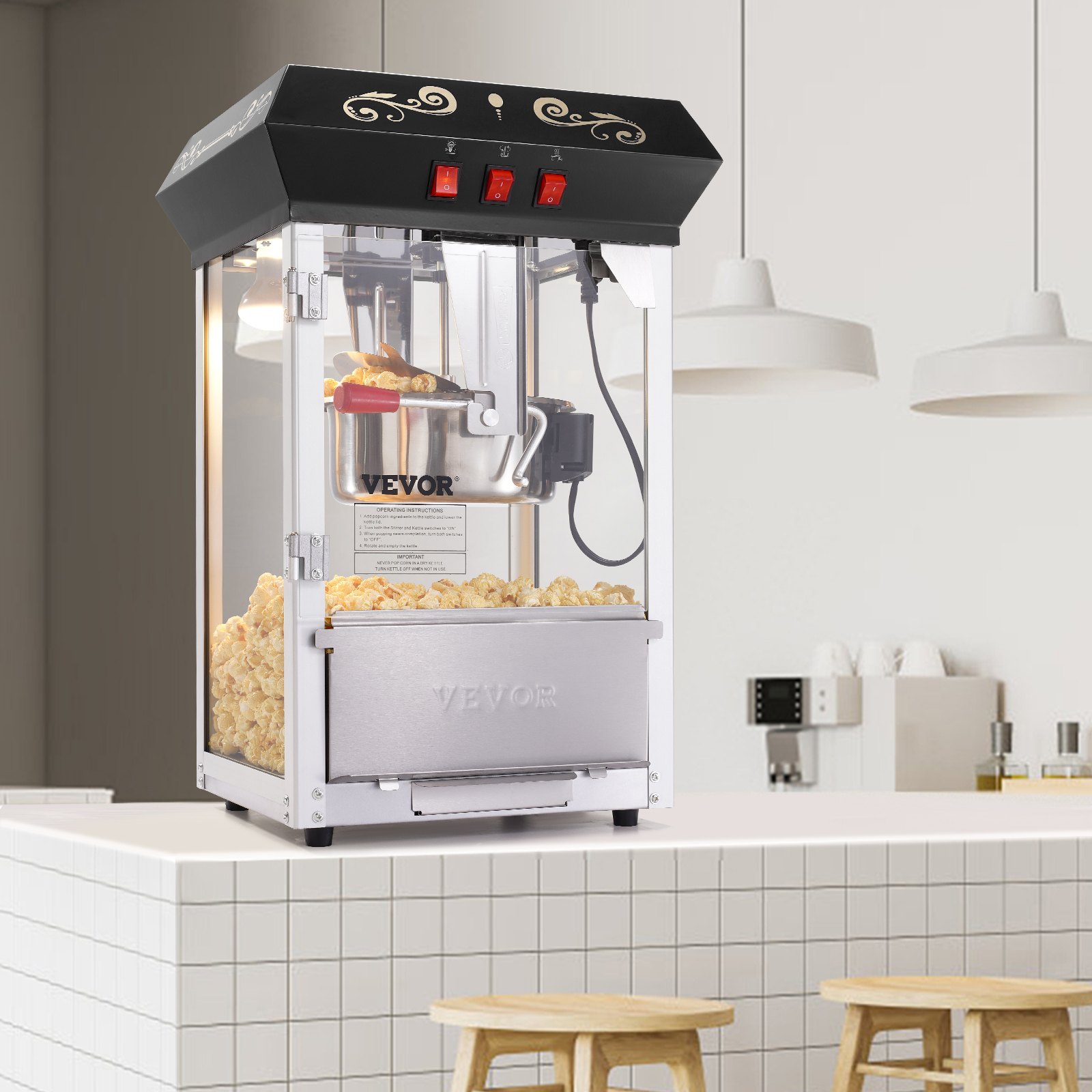 VEVOR popcornmachine, 850W, ketel van 237 ml (8 oz) voor 48 kopjes per keer, popcornmachine voor op het aanrecht met gehard glas, inclusief 4 schepjes.