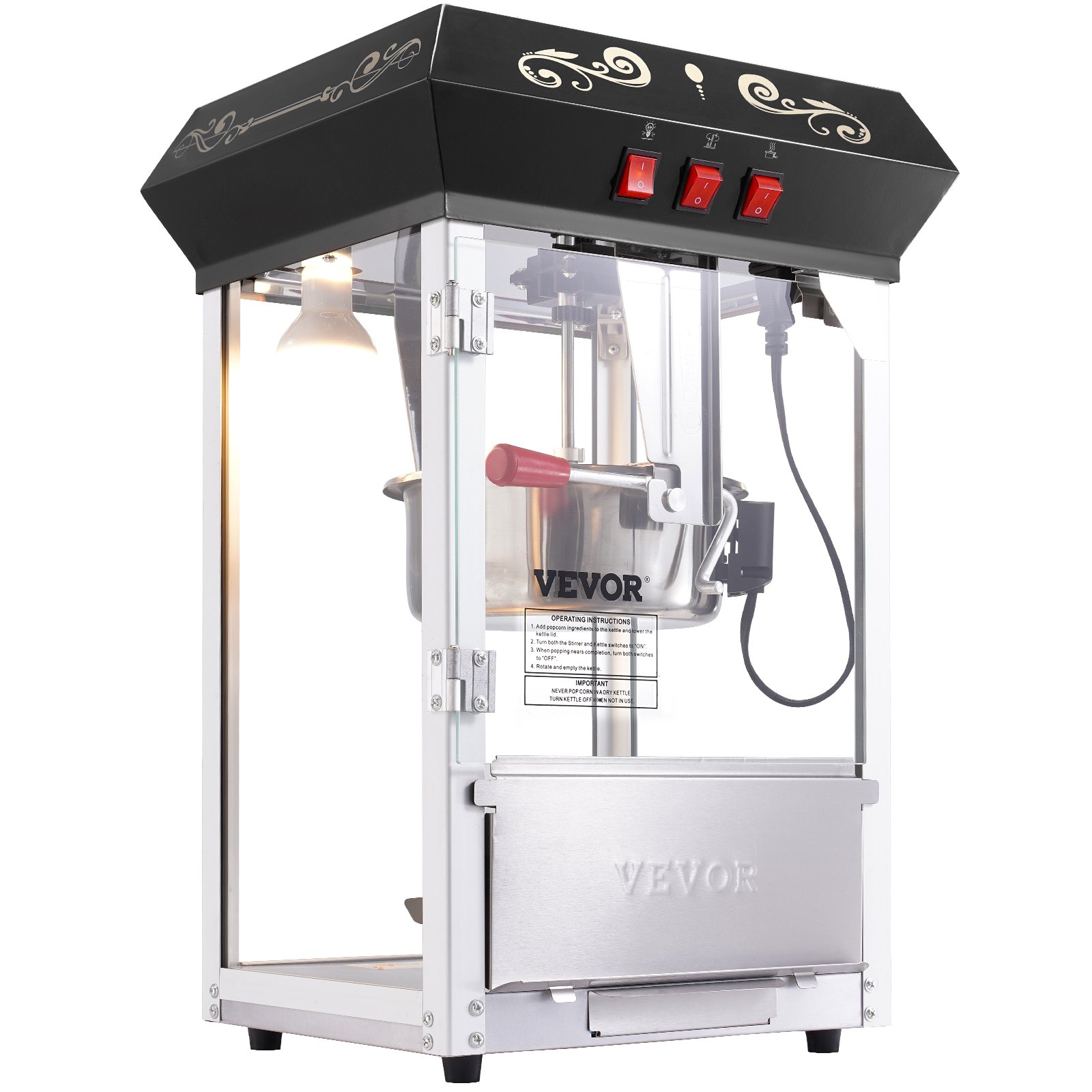 VEVOR popcornmachine, 850W, ketel van 237 ml (8 oz) voor 48 kopjes per keer, popcornmachine voor op het aanrecht met gehard glas, inclusief 4 schepjes.
