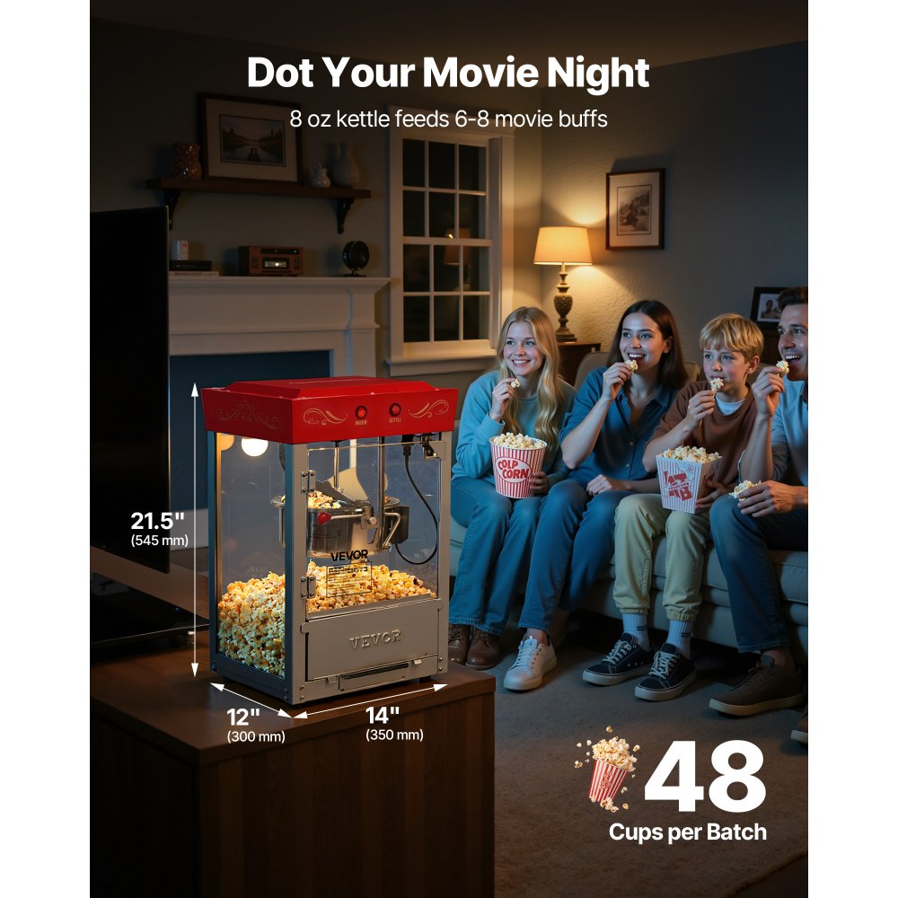 VEVOR Popcornmachine met roestvrijstalen waterkoker, 800W commerciële popcornmachine, 48 kopjes per lading, bioscoopstijl, met bediening met 2 knoppen, glazen wand, PC-deur, 1 maatschep, 3 lepels, rood