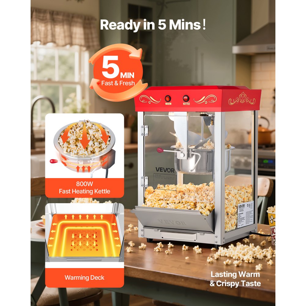 VEVOR Popcornmachine met roestvrijstalen waterkoker, 800W commerciële popcornmachine, 48 kopjes per lading, bioscoopstijl, met bediening met 2 knoppen, glazen wand, PC-deur, 1 maatschep, 3 lepels, rood