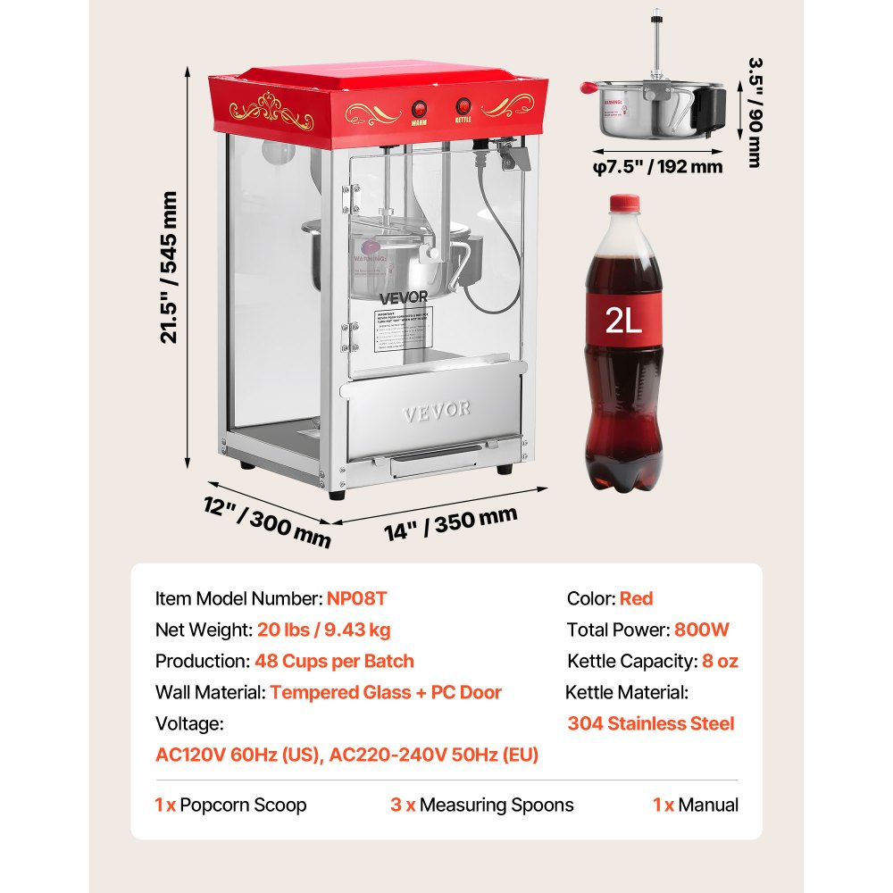 VEVOR Popcornmachine met roestvrijstalen waterkoker, 800W commerciële popcornmachine, 48 kopjes per lading, bioscoopstijl, met bediening met 2 knoppen, glazen wand, PC-deur, 1 maatschep, 3 lepels, rood