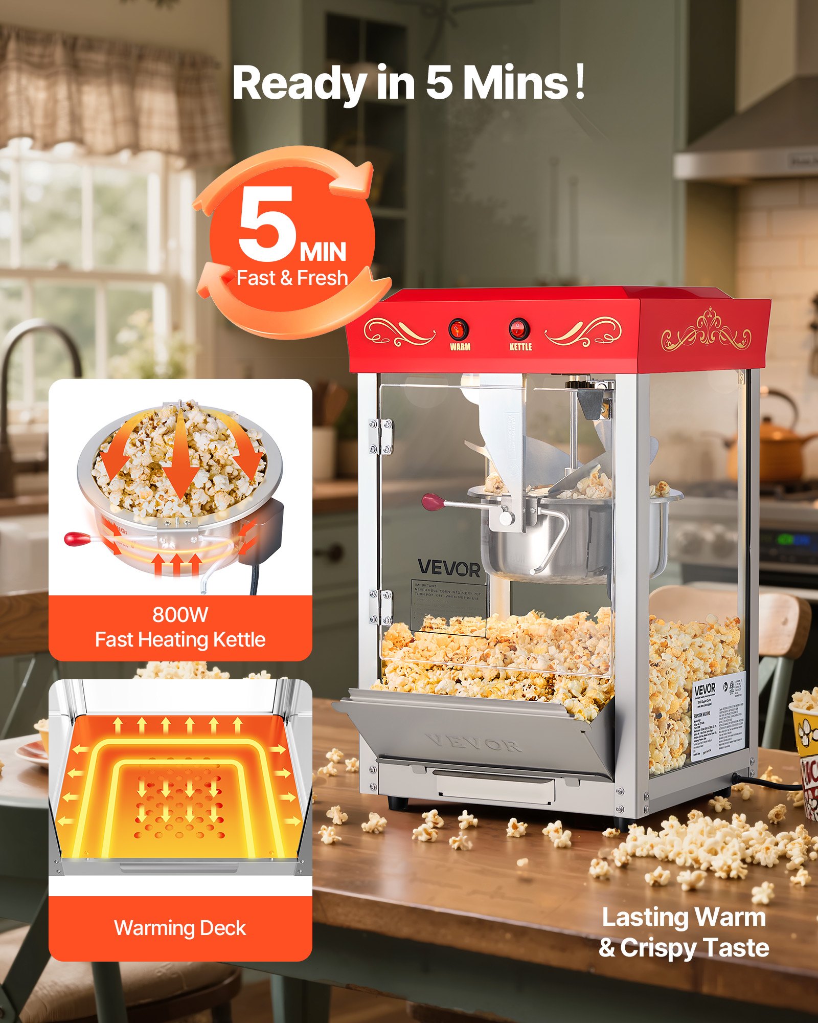 VEVOR Popcornmachine met roestvrijstalen waterkoker, 800W commerciële popcornmachine, 48 kopjes per lading, bioscoopstijl, met bediening met 2 knoppen, glazen wand, PC-deur, 1 maatschep, 3 lepels, rood