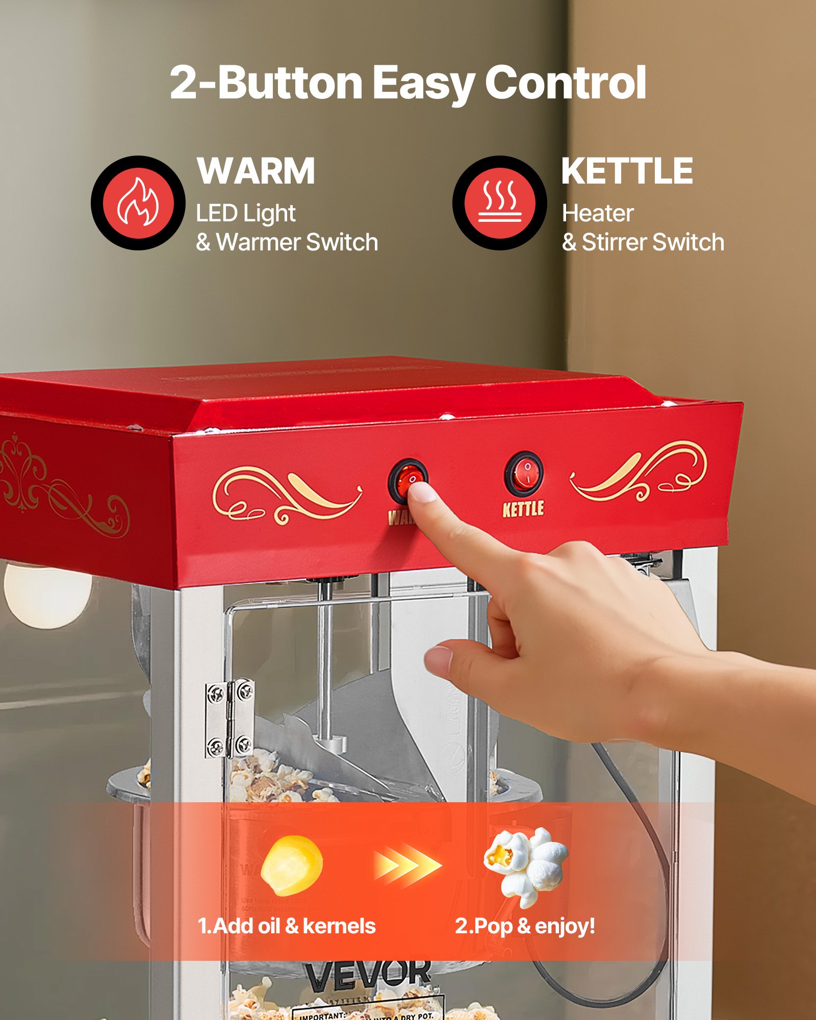 VEVOR Popcornmachine met roestvrijstalen waterkoker, 800W commerciële popcornmachine, 48 kopjes per lading, bioscoopstijl, met bediening met 2 knoppen, glazen wand, PC-deur, 1 maatschep, 3 lepels, rood