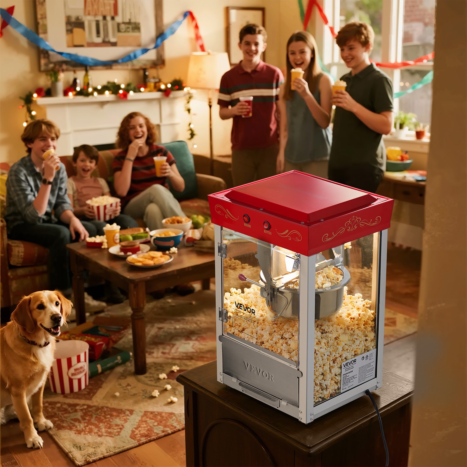 VEVOR Popcornmachine met roestvrijstalen waterkoker, 800W commerciële popcornmachine, 48 kopjes per lading, bioscoopstijl, met bediening met 2 knoppen, glazen wand, PC-deur, 1 maatschep, 3 lepels, rood