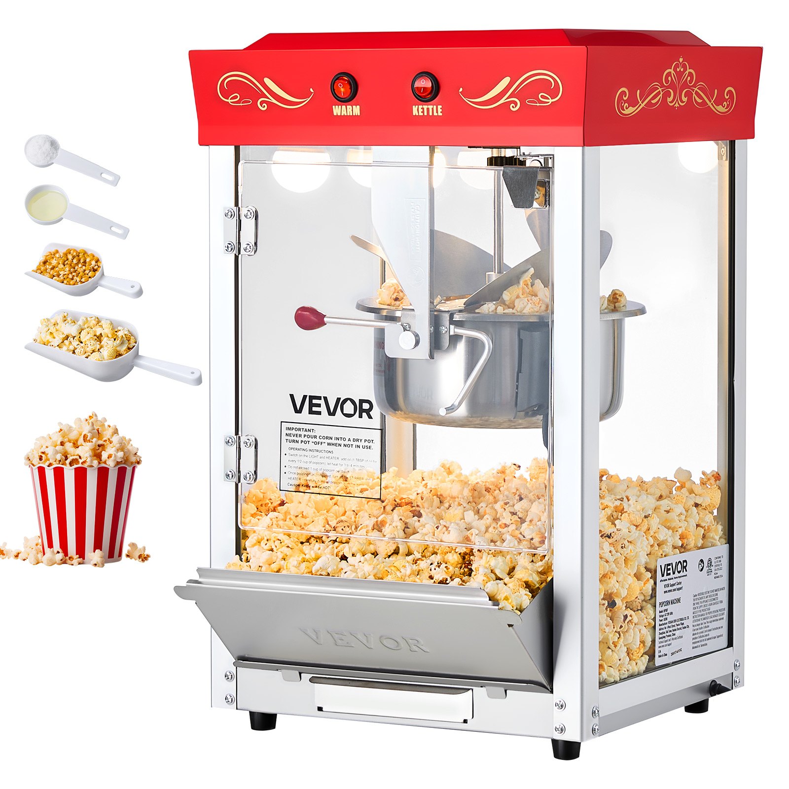 VEVOR Popcornmachine met roestvrijstalen waterkoker, 800W commerciële popcornmachine, 48 kopjes per lading, bioscoopstijl, met bediening met 2 knoppen, glazen wand, PC-deur, 1 maatschep, 3 lepels, rood
