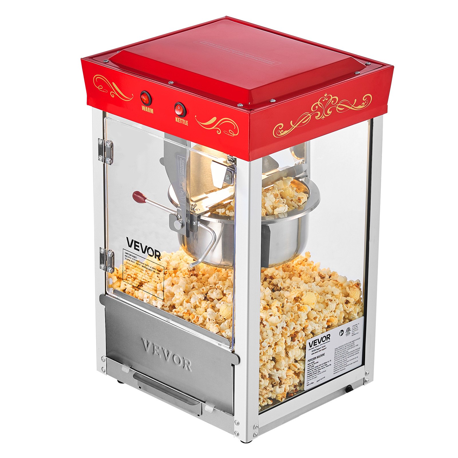 VEVOR Popcornmachine met roestvrijstalen waterkoker, 800W commerciële popcornmachine, 48 kopjes per lading, bioscoopstijl, met bediening met 2 knoppen, glazen wand, PC-deur, 1 maatschep, 3 lepels, rood