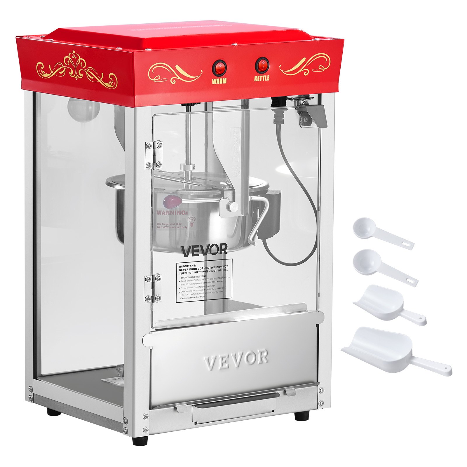 VEVOR Popcornmachine met roestvrijstalen waterkoker, 800W commerciële popcornmachine, 48 kopjes per lading, bioscoopstijl, met bediening met 2 knoppen, glazen wand, PC-deur, 1 maatschep, 3 lepels, rood