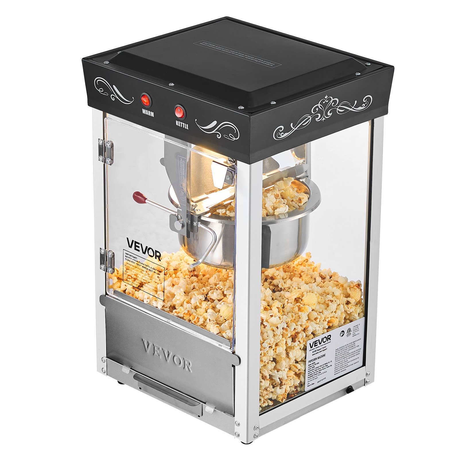 VEVOR Popcornmachine met roestvrijstalen waterkoker, 800W commerciële popcornmachine, 48 kopjes per lading, bioscoopstijl, met bediening met 2 knoppen, glazen wand, PC-deur, 1 maatschep, 3 lepels, zwart
