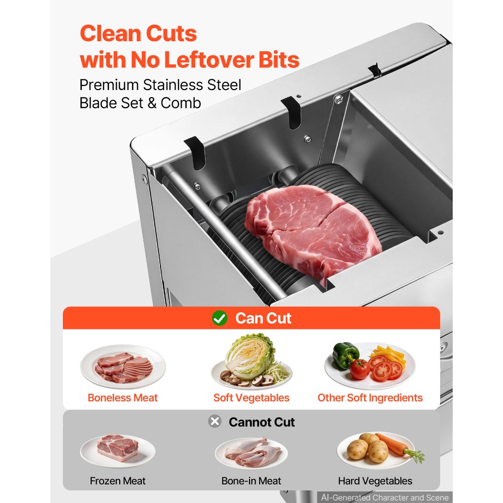 VEVOR Vleessnijmachine 550W 159kg/u Commerciële vleessnijmachine Roestvrij staal (3,5 mm dik), Elektrische voedselsnijmachine voor restaurants en supermarkten