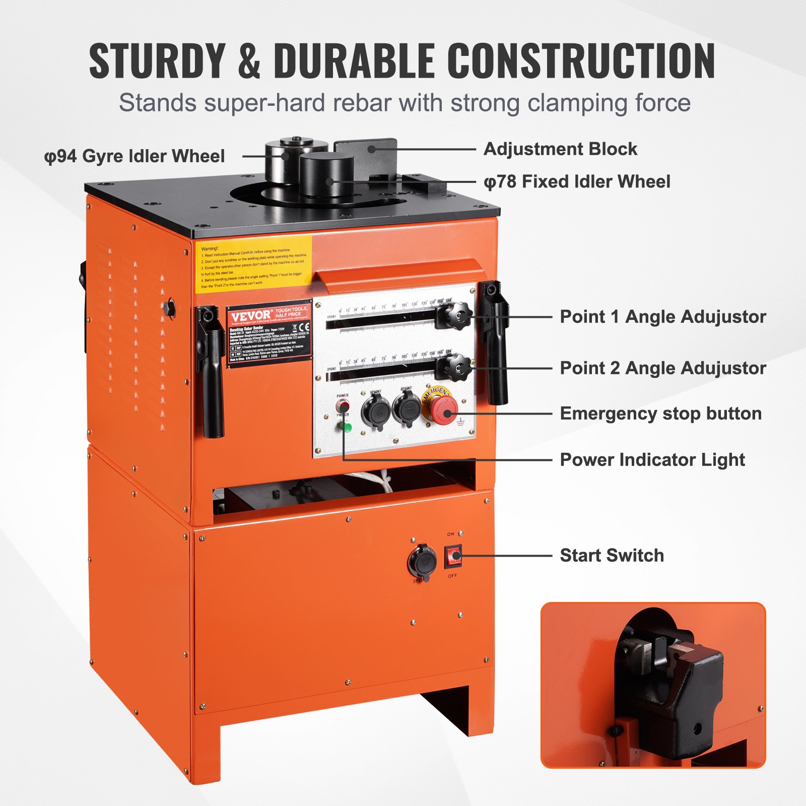 VEVOR 2-in-1 Electric Rebar Bender, 1700W Portable Hydraulic Rebar Bending Machine, 3 Bending Angle up to 1 Inch #8 (4-25mm) within 4 Seconds, High Power Steel Rebar Bender w/ Rich Accessory, RBC-25