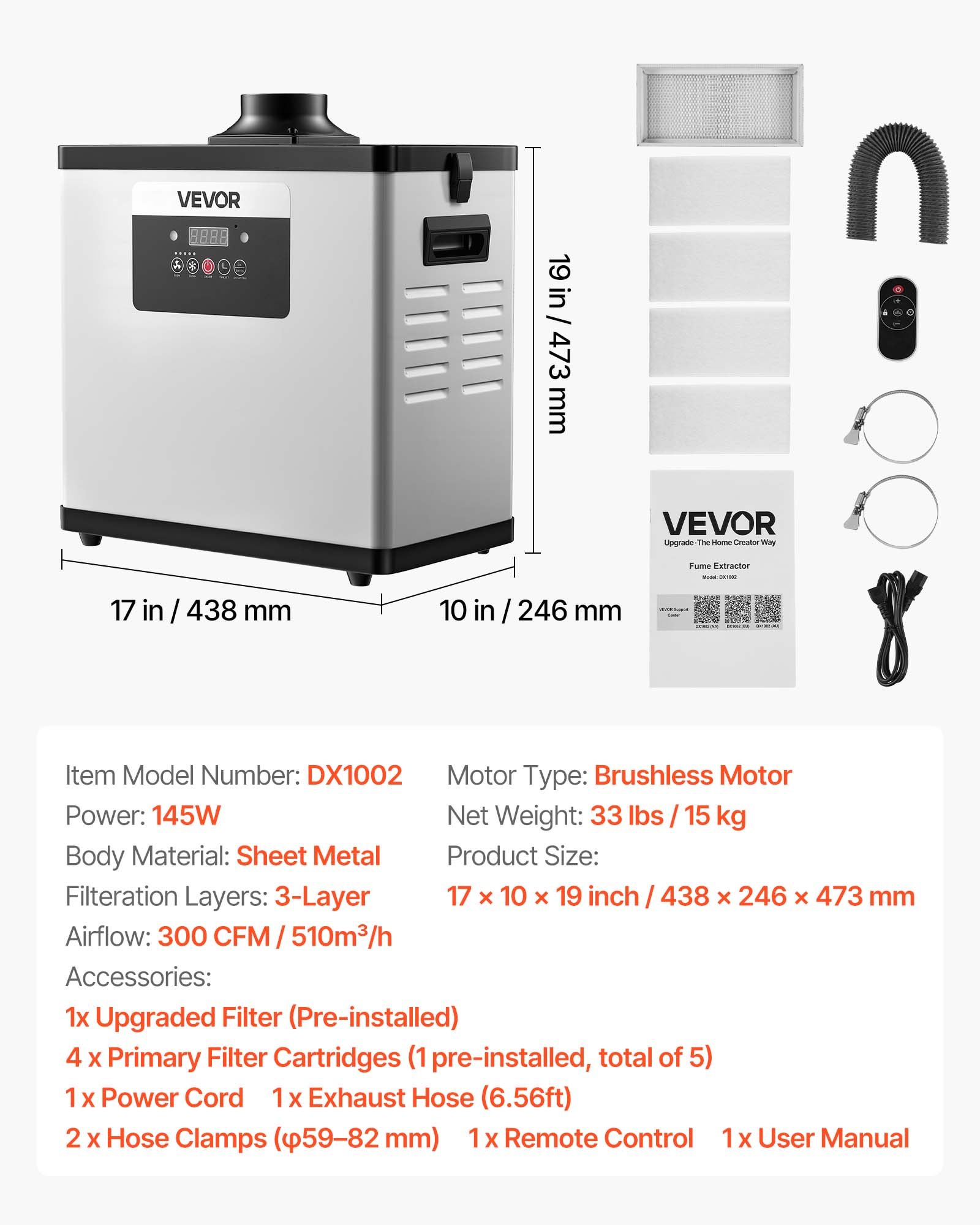 VEVOR Soldeerrookafzuiger, Lasrookafzuiger met 3-in-1 filter, Afzuigcapaciteit van 510 m³/u, 10 snelheidsniveaus, Borstelloze motor met afstandsbediening, Geschikt voor lasergraveren en 3D-printen