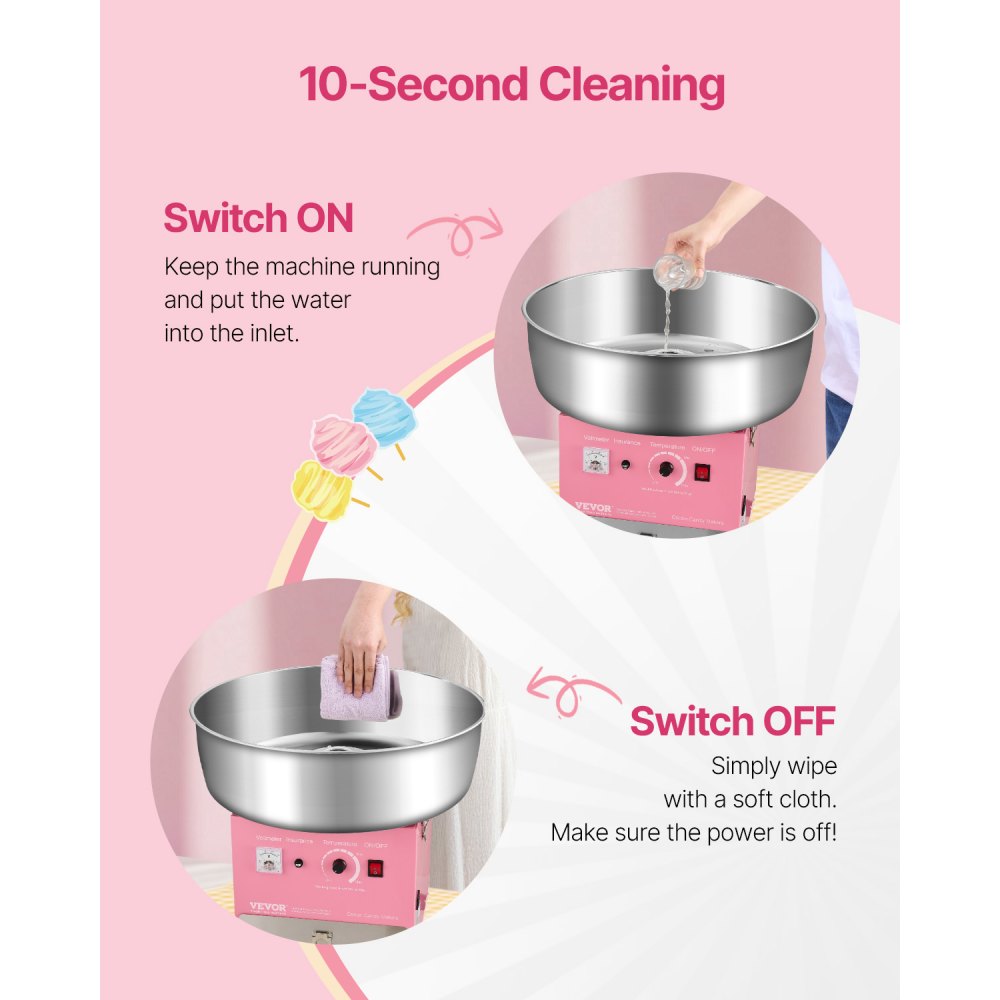 VEVOR Electric Cotton Candy Machine, 1000W Commercial Candy Floss Maker with 52cm Stainless Steel Bowl, Sugar Scoop, and Drawer, Easy Home Use, Perfect for Kids Birthday, Family Party, Pink