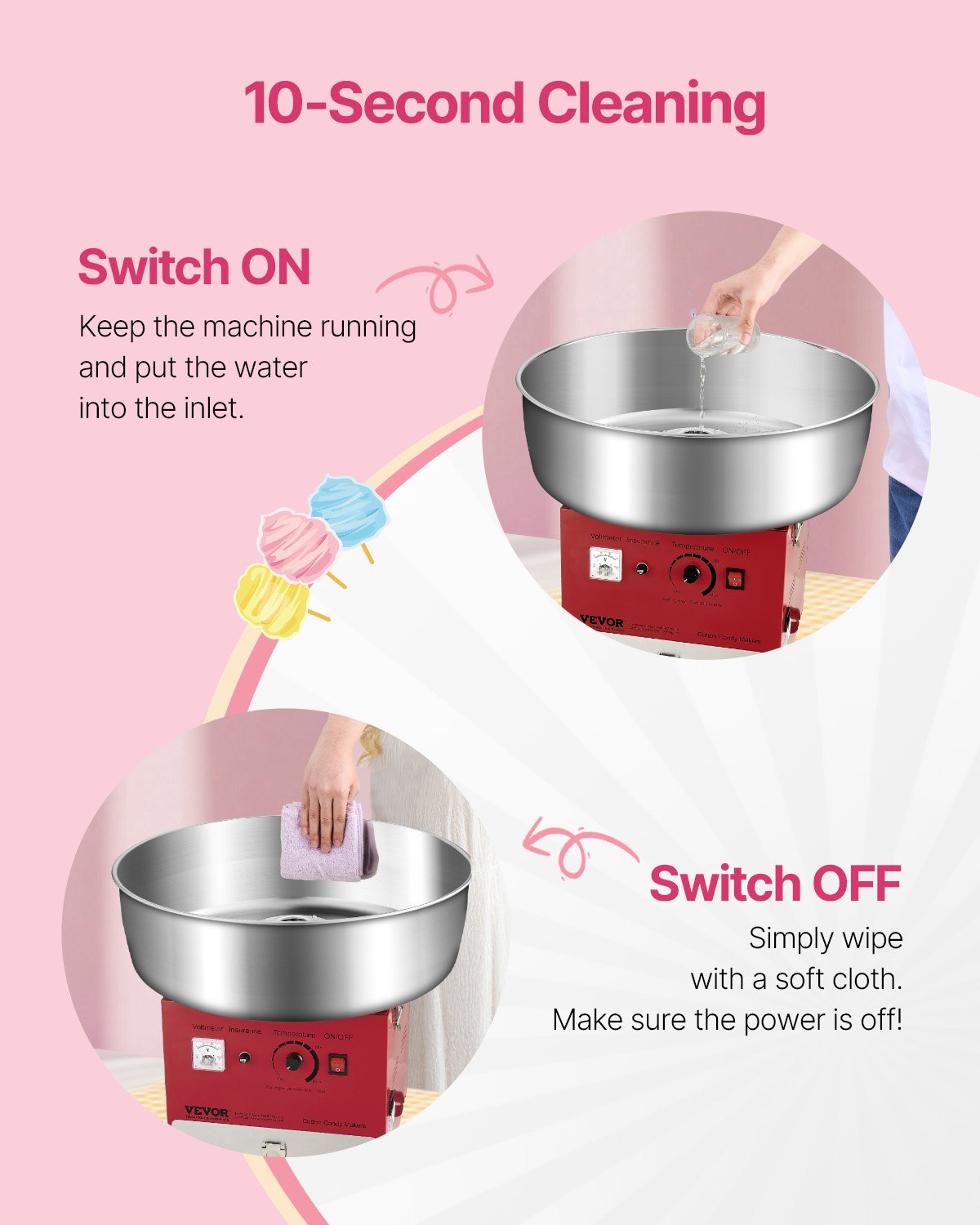 VEVOR Electric Cotton Candy Machine, 1000W Commercial Candy Floss Maker with 52cm in Stainless Steel Bowl, Sugar Scoop, and Drawer, Easy Home Use, Perfect for Kids Birthday, Family Party, Red