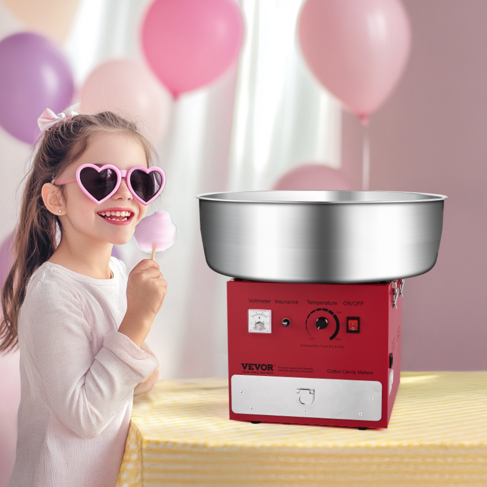 VEVOR Elektrische Suikerspinmachine Commerciële Suikerspinmachine (1000W) met 52 cm roestvrijstalen kom, suikerschep en lade, perfect voor kinderfeestjes en familiefeestjes Rood