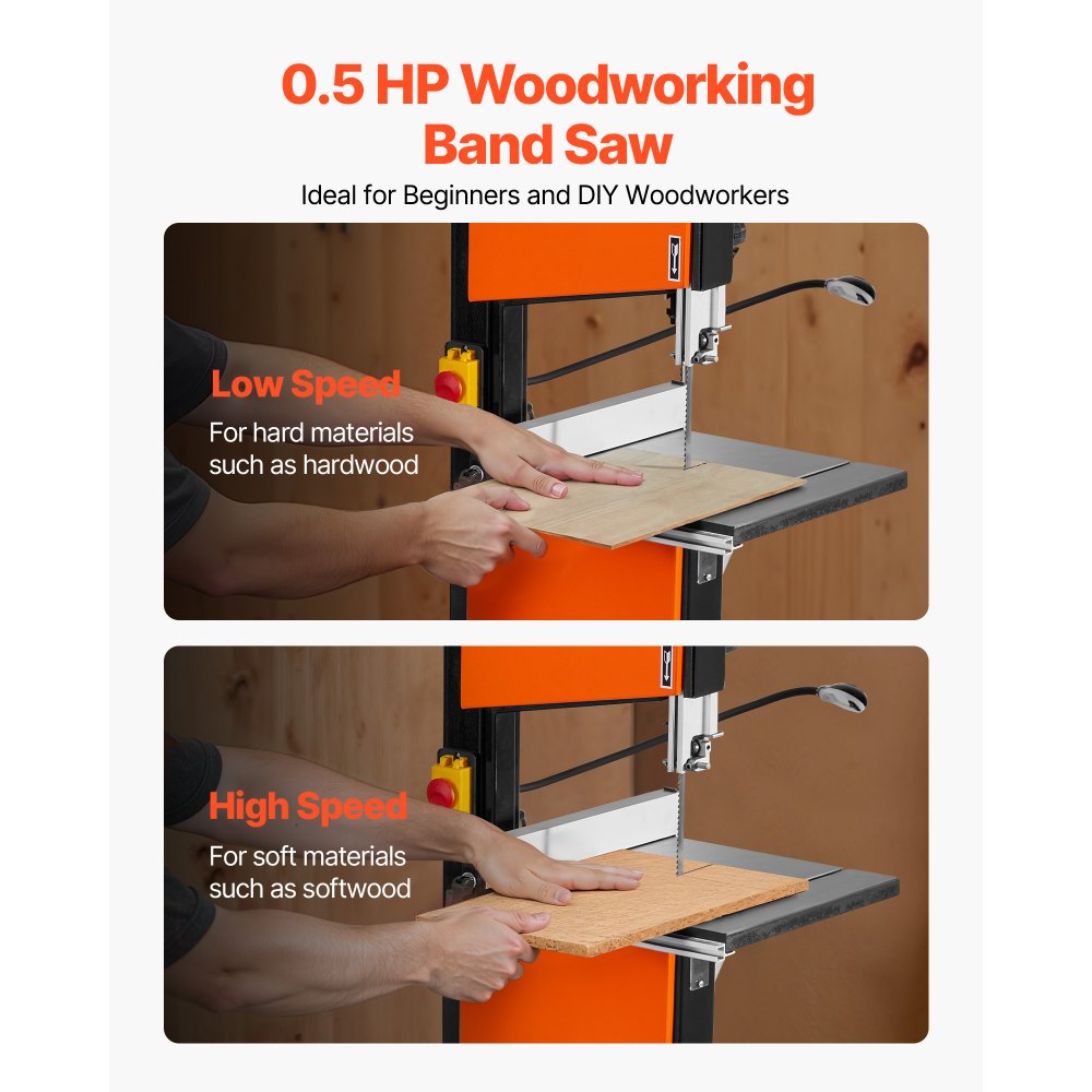 VEVOR Band Saw with Stand, 10-Inch, Two-Speed Benchtop Bandsaw, 373W 1/2 HP, 6 in Max Cutting Height, 13.2 x 13.4 in Cast Iron Table, with 360° Work Light, Miter Gauge, Fence, Band Saw for Woodworking