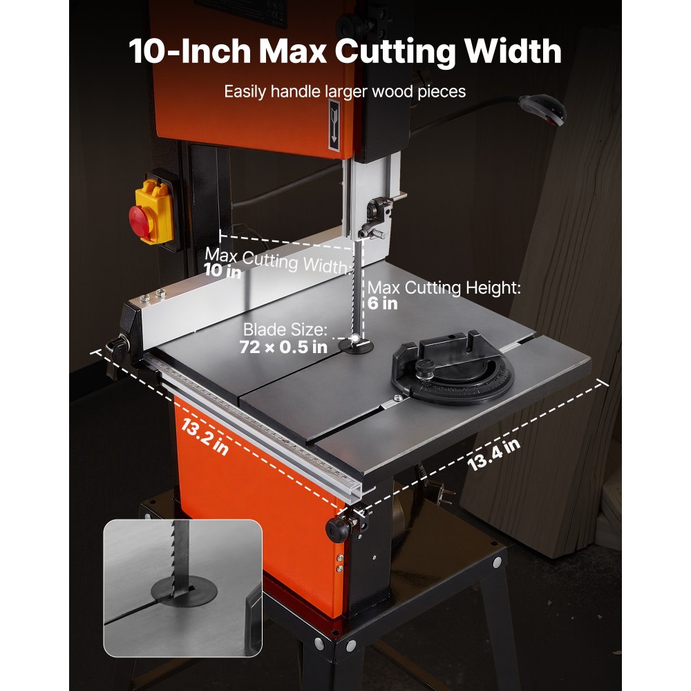 VEVOR Band Saw with Stand, 10-Inch, Two-Speed Benchtop Bandsaw, 373W 1/2 HP, 6 in Max Cutting Height, 13.2 x 13.4 in Cast Iron Table, with 360° Work Light, Miter Gauge, Fence, Band Saw for Woodworking