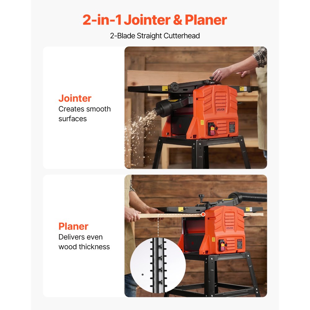 VEVOR vlak- en dikteschaafmachine, 254 mm schaafbreedte, 2,4 pk, 8000 tpm, met onderstel, 2-messensnijkop, gegoten aluminium tafel, 0-3 mm instelbare snijdiepte, voor houtbewerking