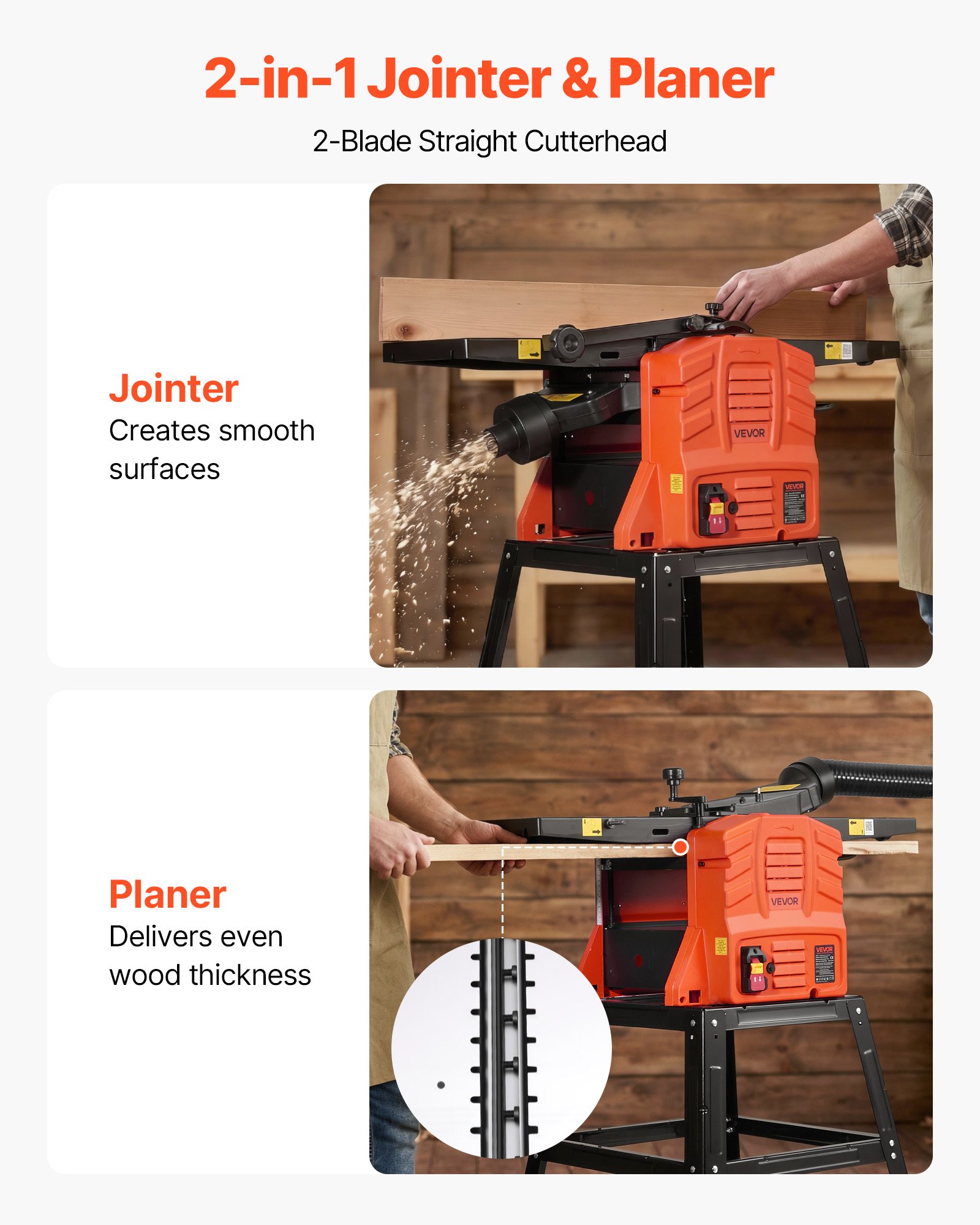 VEVOR Benchtop Planer and Jointer Combo, 254 mm, 2.4 HP 8000 RPM Bench Top Wood Jointer with Stand, 2-Blade Straight Cutterhead, Cast Aluminum Table, 0-3 mm Adjustable Depth, for Woodworking DIY