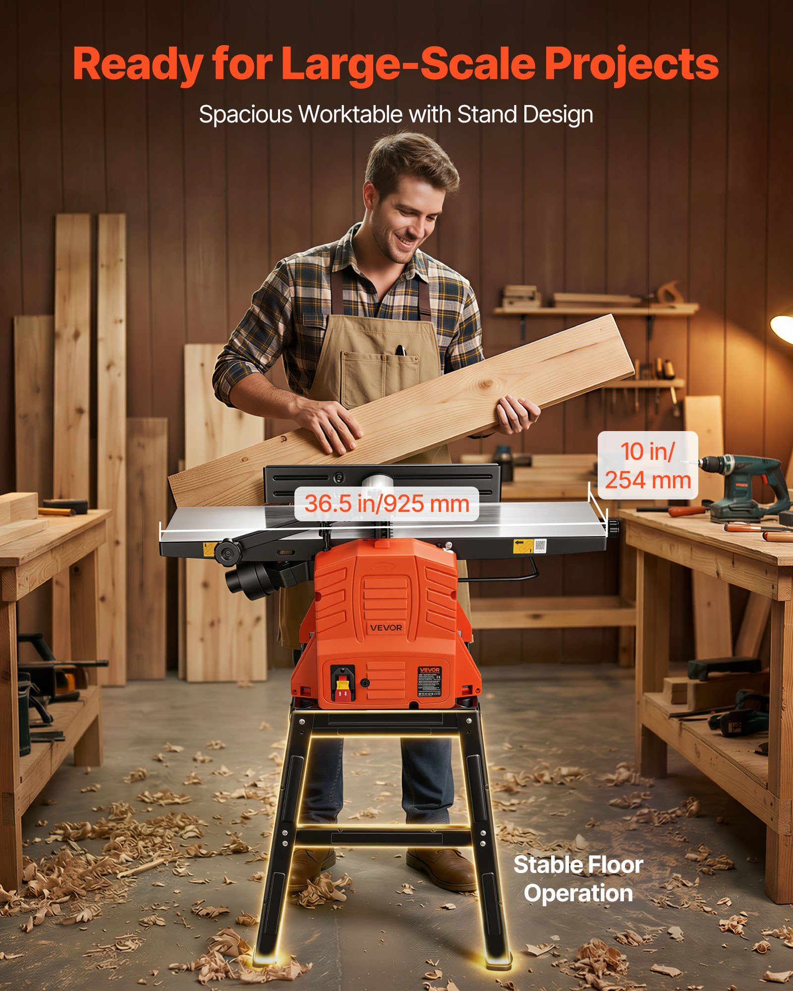 VEVOR Benchtop Planer and Jointer Combo, 254 mm, 2.4 HP 8000 RPM Bench Top Wood Jointer with Stand, 2-Blade Straight Cutterhead, Cast Aluminum Table, 0-3 mm Adjustable Depth, for Woodworking DIY