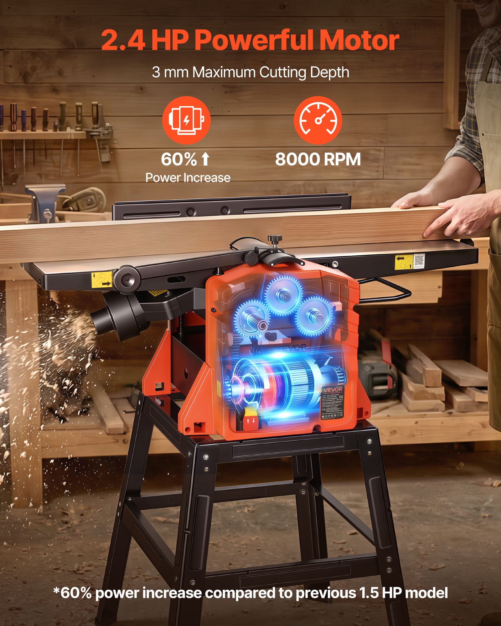 VEVOR vlak- en dikteschaafmachine, 254 mm schaafbreedte, 2,4 pk, 8000 tpm, met onderstel, 2-messensnijkop, gegoten aluminium tafel, 0-3 mm instelbare snijdiepte, voor houtbewerking