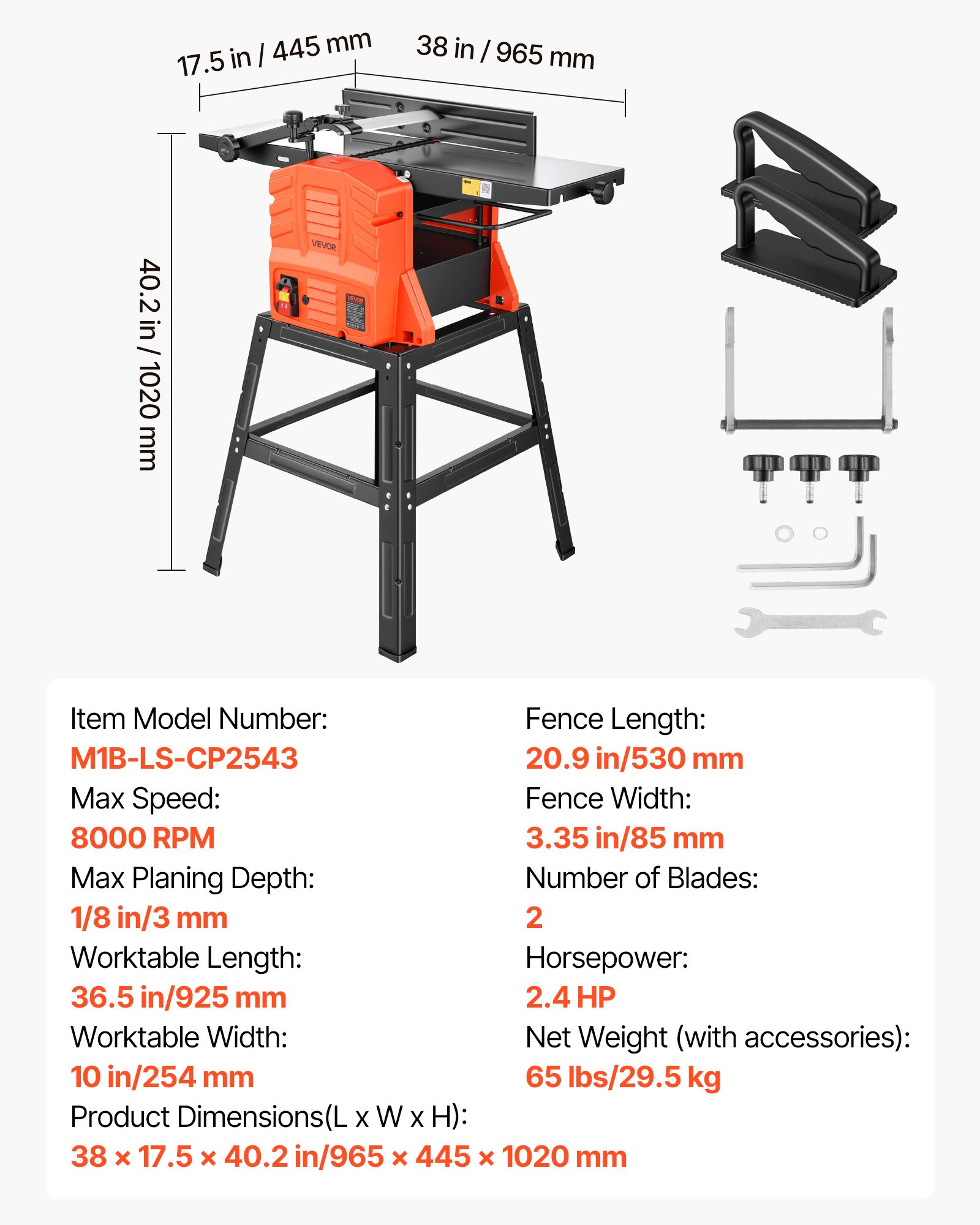 VEVOR vlak- en dikteschaafmachine, 254 mm schaafbreedte, 2,4 pk, 8000 tpm, met onderstel, 2-messensnijkop, gegoten aluminium tafel, 0-3 mm instelbare snijdiepte, voor houtbewerking