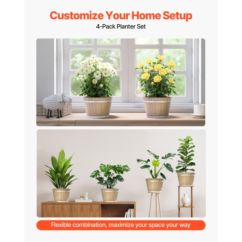 VEVOR Bloempotten 300 x 210 mm, 4-pack whiskyvatplantenbakken met drainagegaten, kunststof wijnvatplantenbak voor binnen- en buitenplanten, tuin, huis, bruin