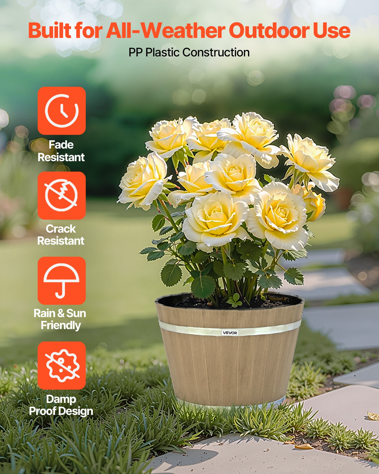 VEVOR Bloempotten 300 x 210 mm, 4-pack whiskyvatplantenbakken met drainagegaten, kunststof wijnvatplantenbak voor binnen- en buitenplanten, tuin, huis, bruin