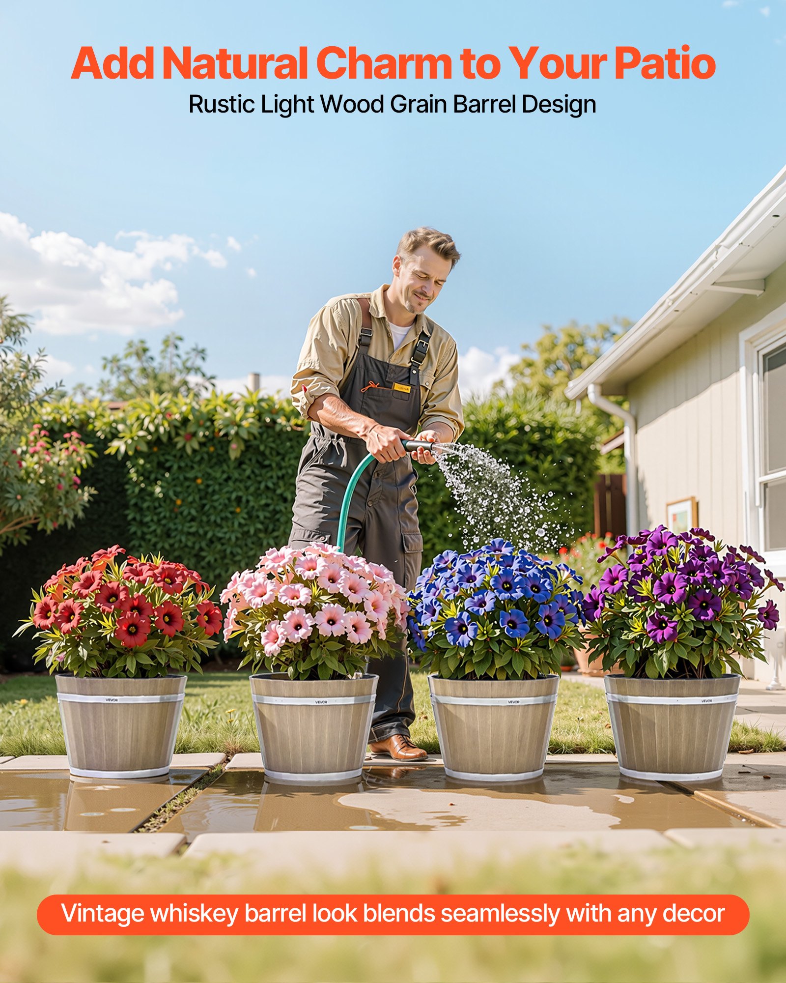 VEVOR Bloempotten 300 x 210 mm, 4-pack whiskyvatplantenbakken met drainagegaten, kunststof wijnvatplantenbak voor binnen- en buitenplanten, tuin, huis, bruin