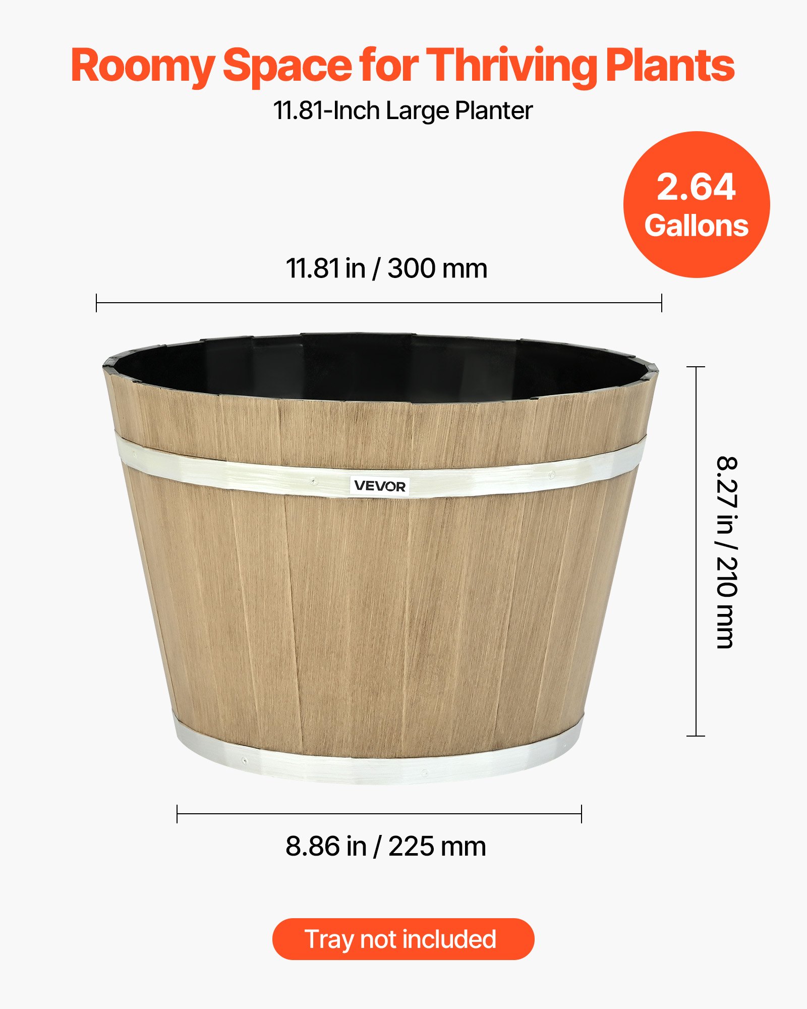 VEVOR Bloempotten 300 x 210 mm, 4-pack whiskyvatplantenbakken met drainagegaten, kunststof wijnvatplantenbak voor binnen- en buitenplanten, tuin, huis, bruin