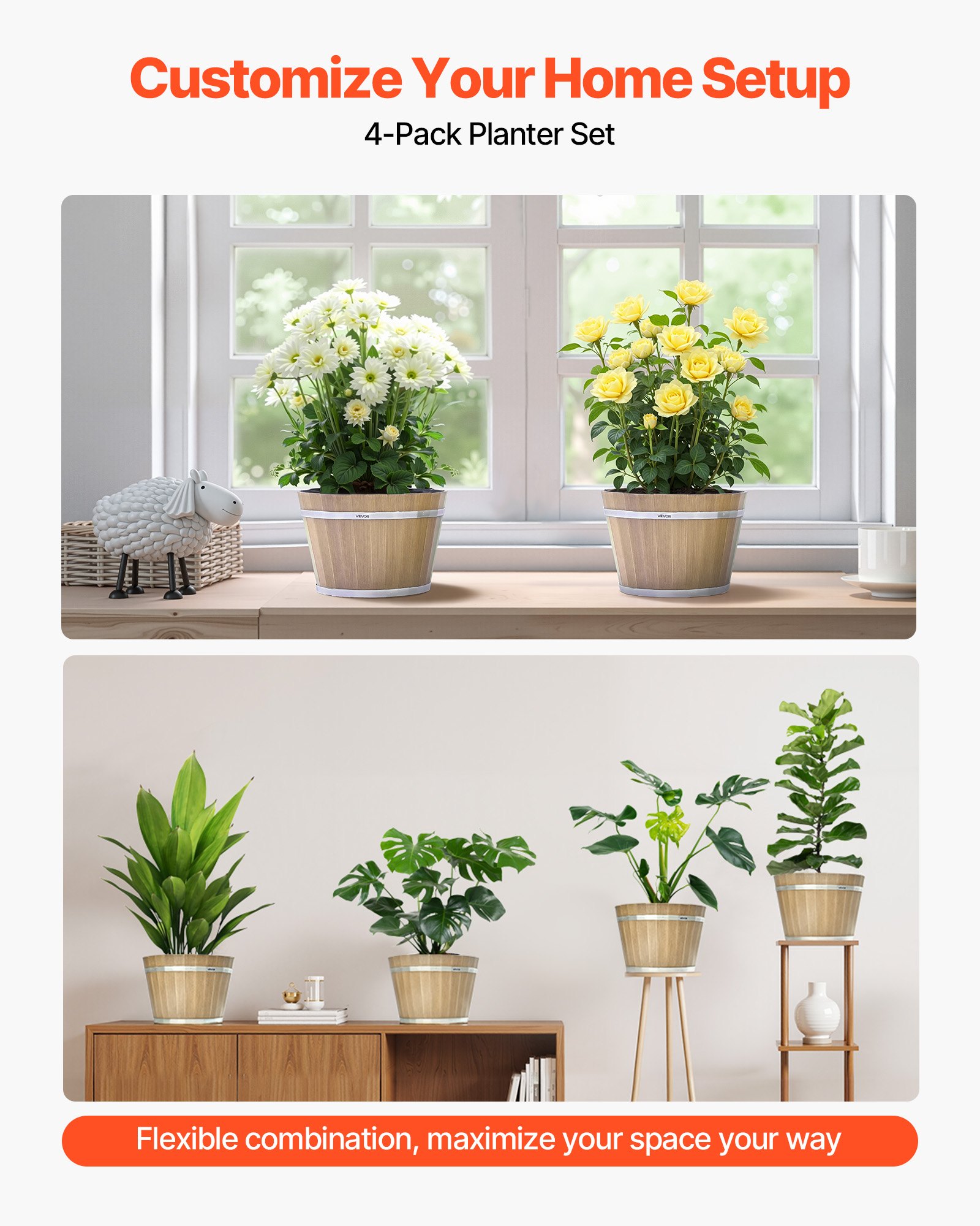 VEVOR Bloempotten 300 x 210 mm, 4-pack whiskyvatplantenbakken met drainagegaten, kunststof wijnvatplantenbak voor binnen- en buitenplanten, tuin, huis, bruin
