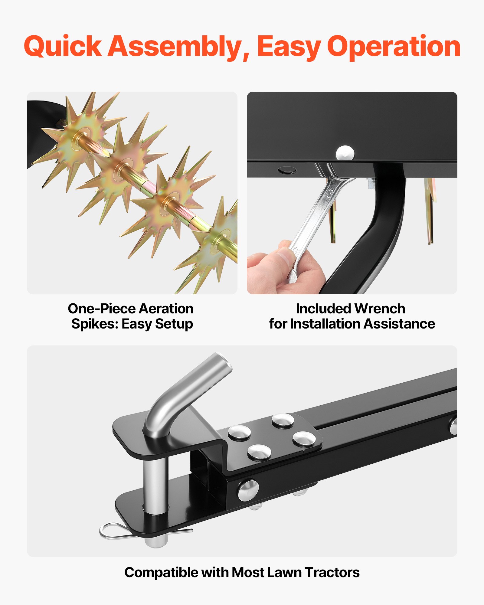 VEVOR gazonbeluchter voor zitmaaiers, 82 cm, beluchter voor gazons met een werkdiepte van 5 cm, draagvermogen 45 kg, staal, voor zitmaaiers, gazonverzorging voor verdichte grond, tuin, erf, zwart