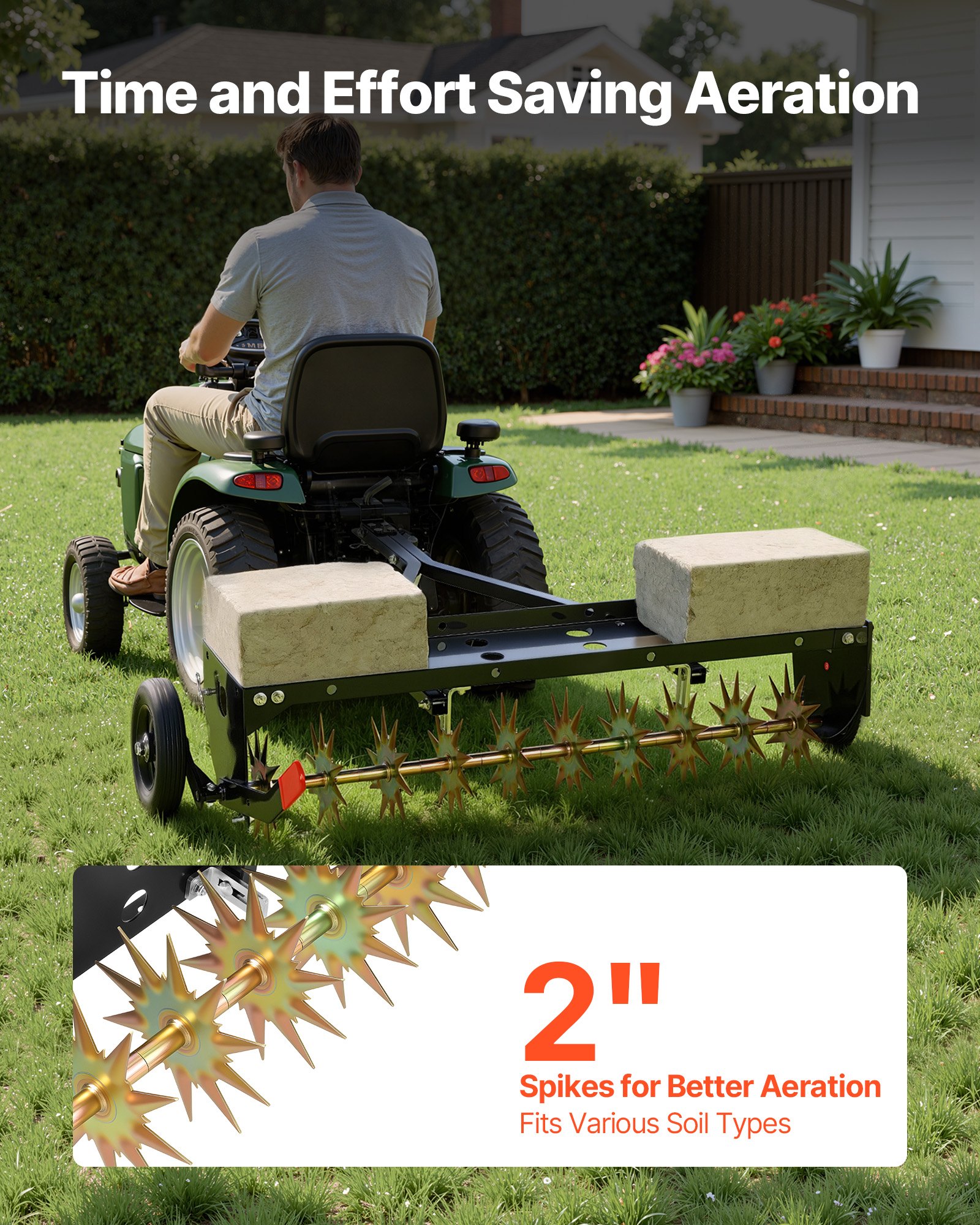 VEVOR gazonbeluchter voor zitmaaiers, 1 m, beluchter voor gazons met een werkdiepte van 5 cm en wielen, stalen gazonbeluchter voor zitmaaiers, gazonverzorging, draagvermogen van 54 kg, voor verdichte grond, tuin, zwart