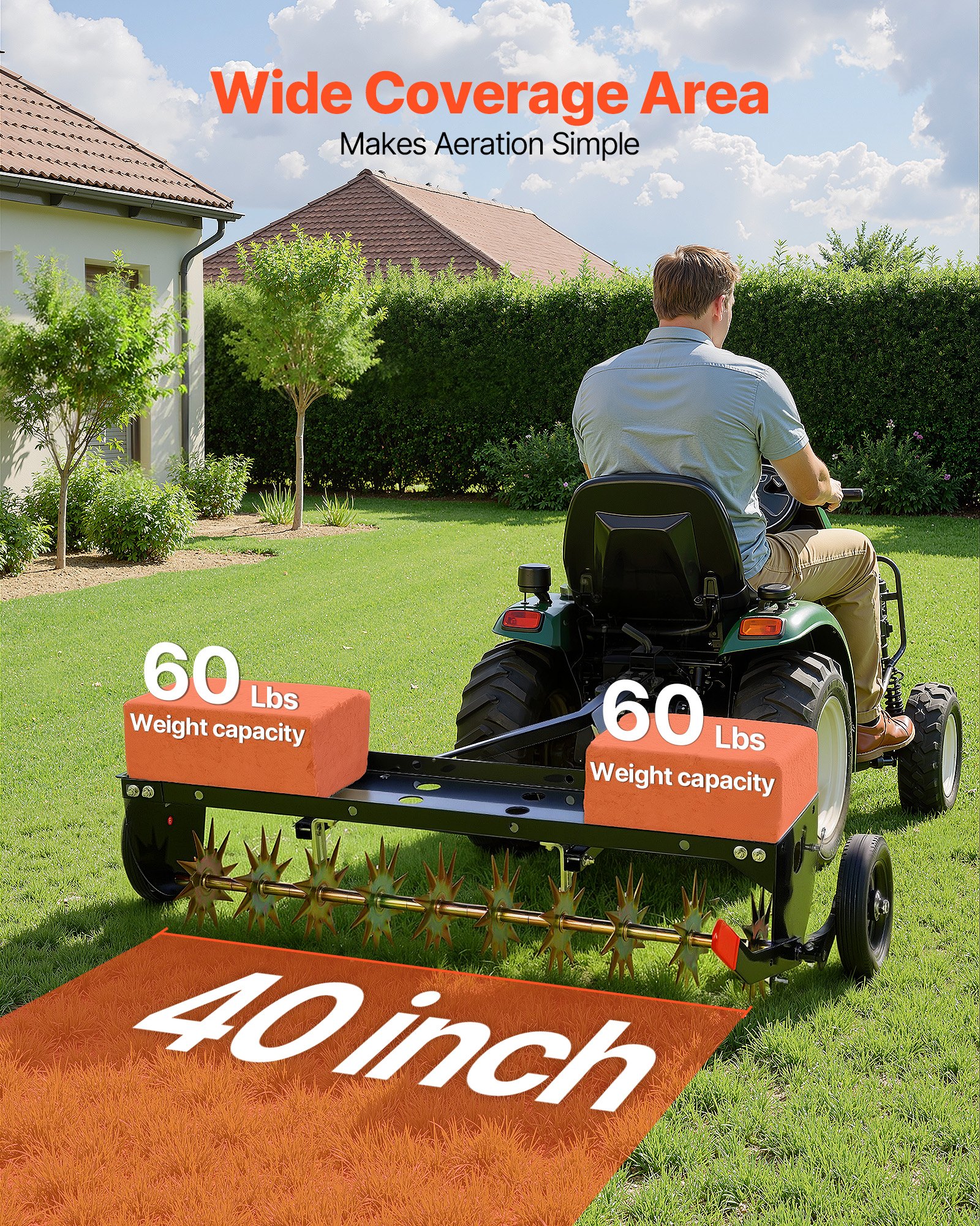 VEVOR gazonbeluchter voor zitmaaiers, 1 m, beluchter voor gazons met een werkdiepte van 5 cm en wielen, stalen gazonbeluchter voor zitmaaiers, gazonverzorging, draagvermogen van 54 kg, voor verdichte grond, tuin, zwart