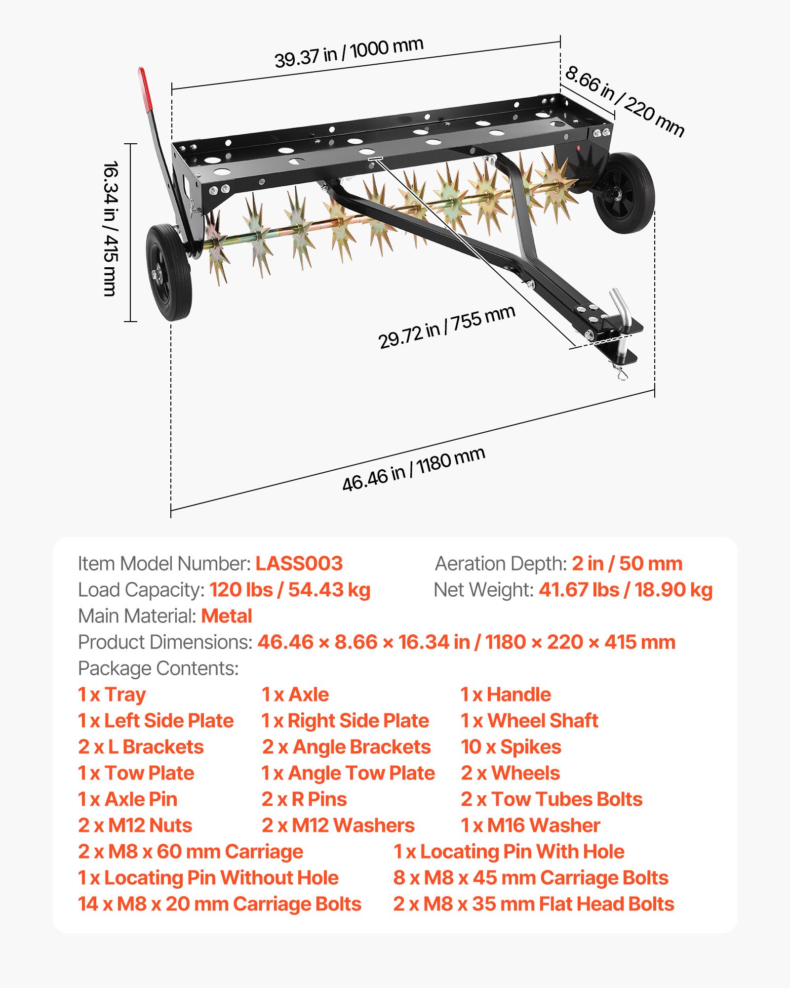 VEVOR gazonbeluchter voor zitmaaiers, 1 m, beluchter voor gazons met een werkdiepte van 5 cm en wielen, stalen gazonbeluchter voor zitmaaiers, gazonverzorging, draagvermogen van 54 kg, voor verdichte grond, tuin, zwart