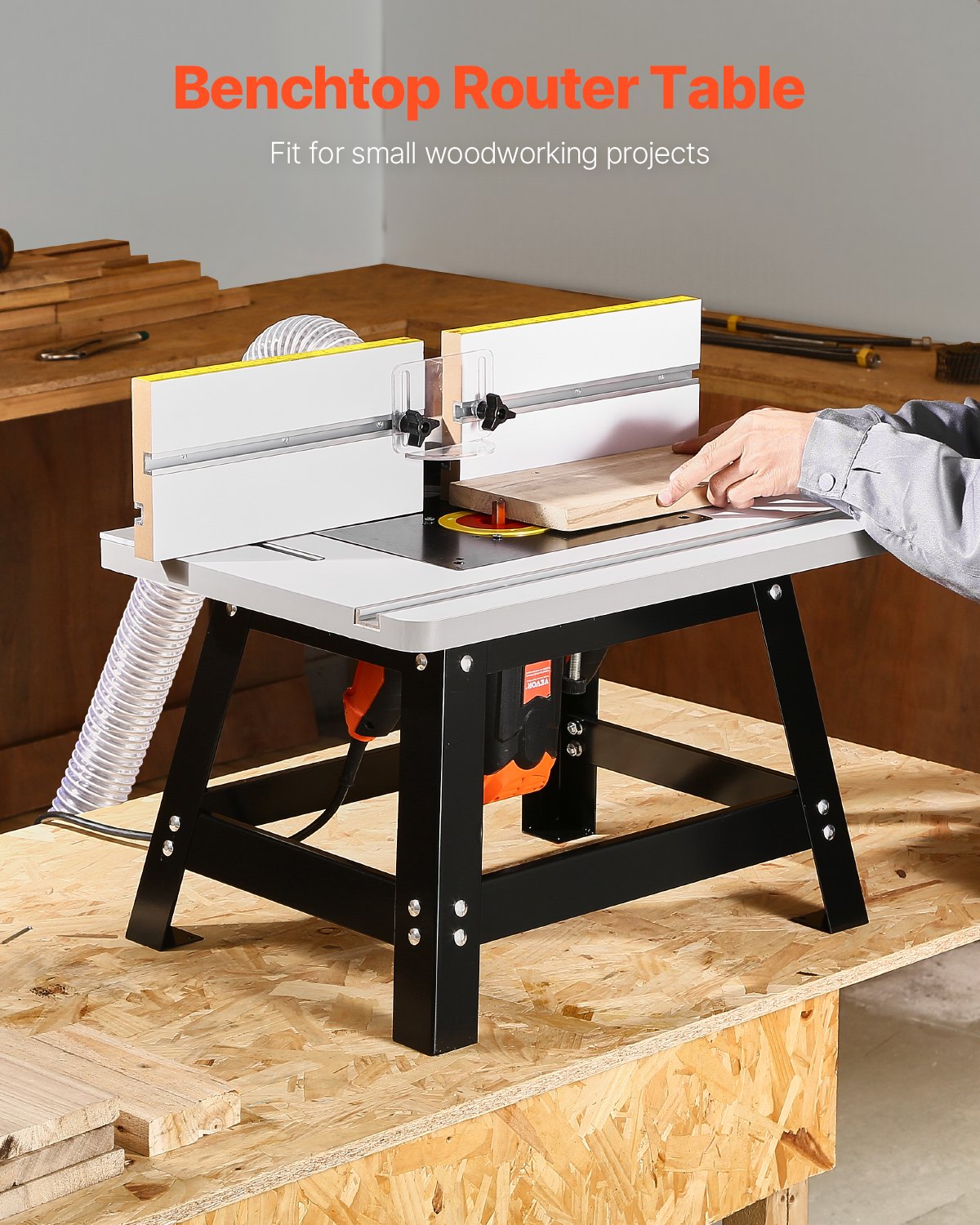 VEVOR Benchtop Router Table, 24 in x 15.7 in, Bench Top Routing Table with Adjustable Fence, MDF Top, Sturdy Metal Base, 2-1/2 in Dust Collection Port, Compatible with Routes & Various Drill Bits