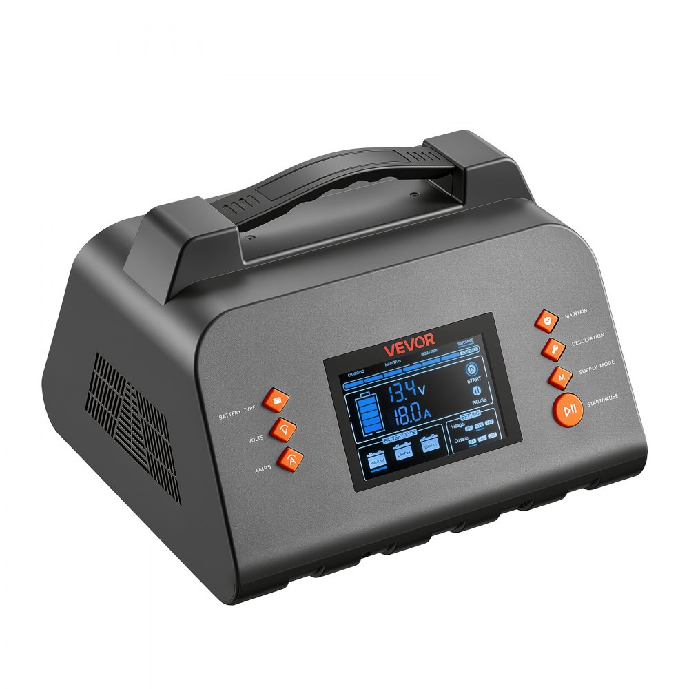 VEVOR Smart Acculader 20 A 6/12/24 V voor LiFePO4 loodzuuraccu's, lader voor auto's, campers, vrachtwagens en boten, met 7-traps laadproces, pulsontzwaveling, LCD-display en overspannings- en omgekeerde polariteitsbeveiliging.