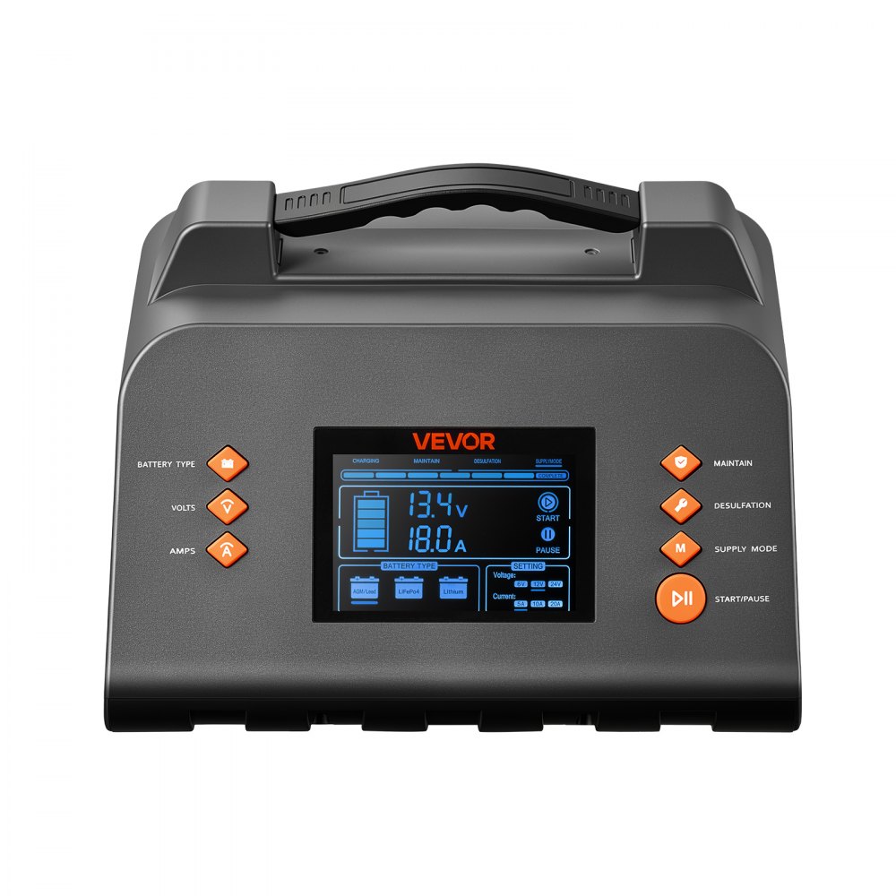 VEVOR Smart Acculader 20 A 6/12/24 V voor LiFePO4 loodzuuraccu's, lader voor auto's, campers, vrachtwagens en boten, met 7-traps laadproces, pulsontzwaveling, LCD-display en overspannings- en omgekeerde polariteitsbeveiliging.