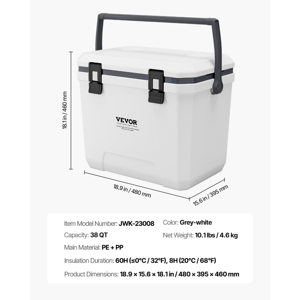 VEVOR Portable Cooler, 38 QT Hard Cooler with Ice Retention, Heavy-Duty Handles and Cup Holder, Lightweight Rigid Material Insulated Portable Cooler, Suitable for Family Picnics and Long Trips