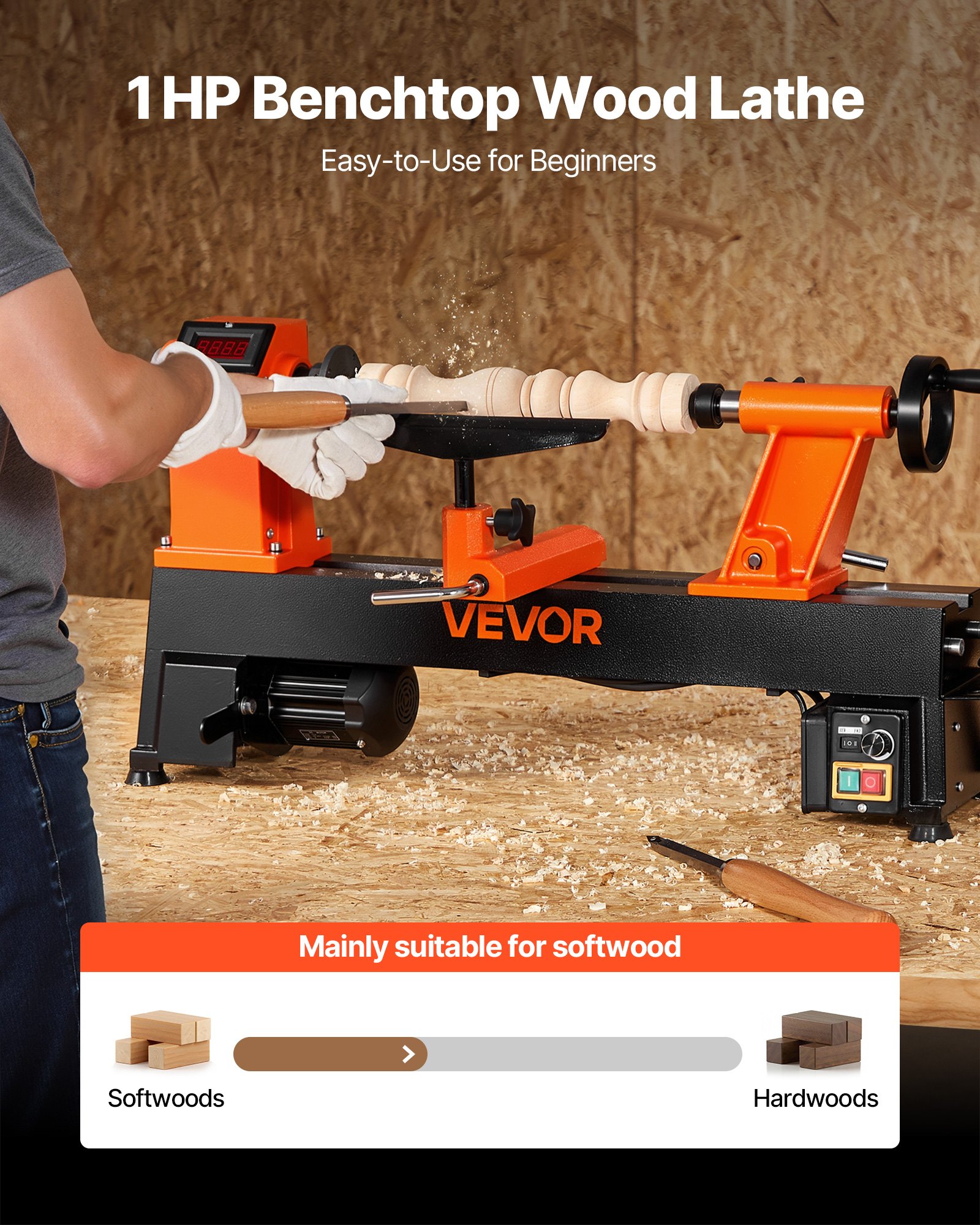 VEVOR Woodworking Lathe, 1 HP, Benchtop Wood Lathe Machine with 0 to 3800 RPM Variable Speed, 12 x 18 in Workbench, Brushless DC Motor, Cast Iron Construction, for Beginners DIY Enthusiasts Woodworking